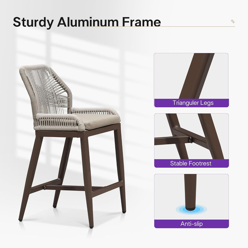 PURPLE LEAF Patio Sunbrella Counter Height Bar Stools 24" H Set of 2 Modern Rattan Bar Chairs Aluminum Stool Outdoor Wicker Barstools with Back and Cushion for Garden Kitchen Island