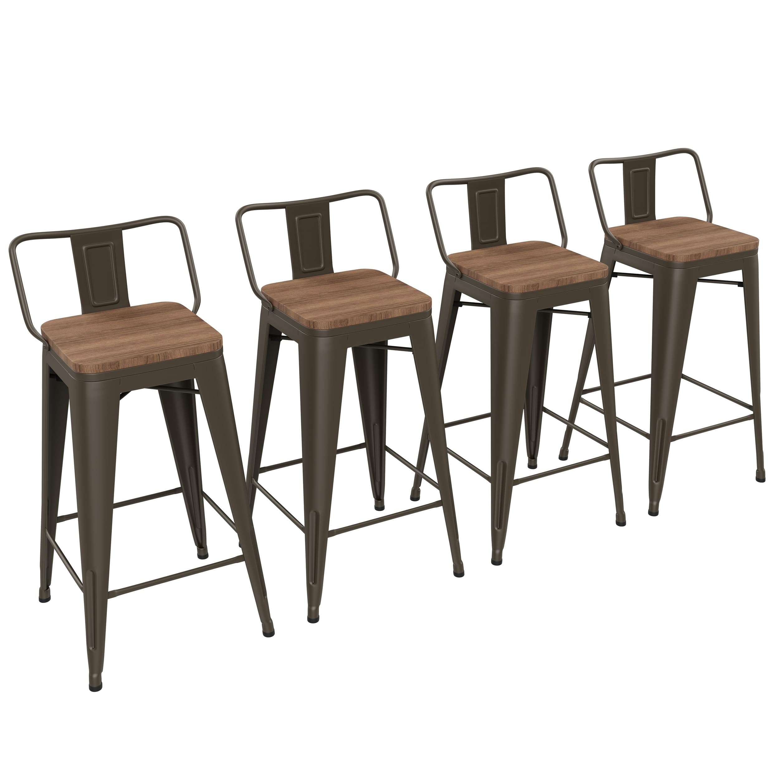 Yongchuang 24" Metal Barstools Set of 4 Counter Bar Stools with Wood Top Low Back Matte Black
