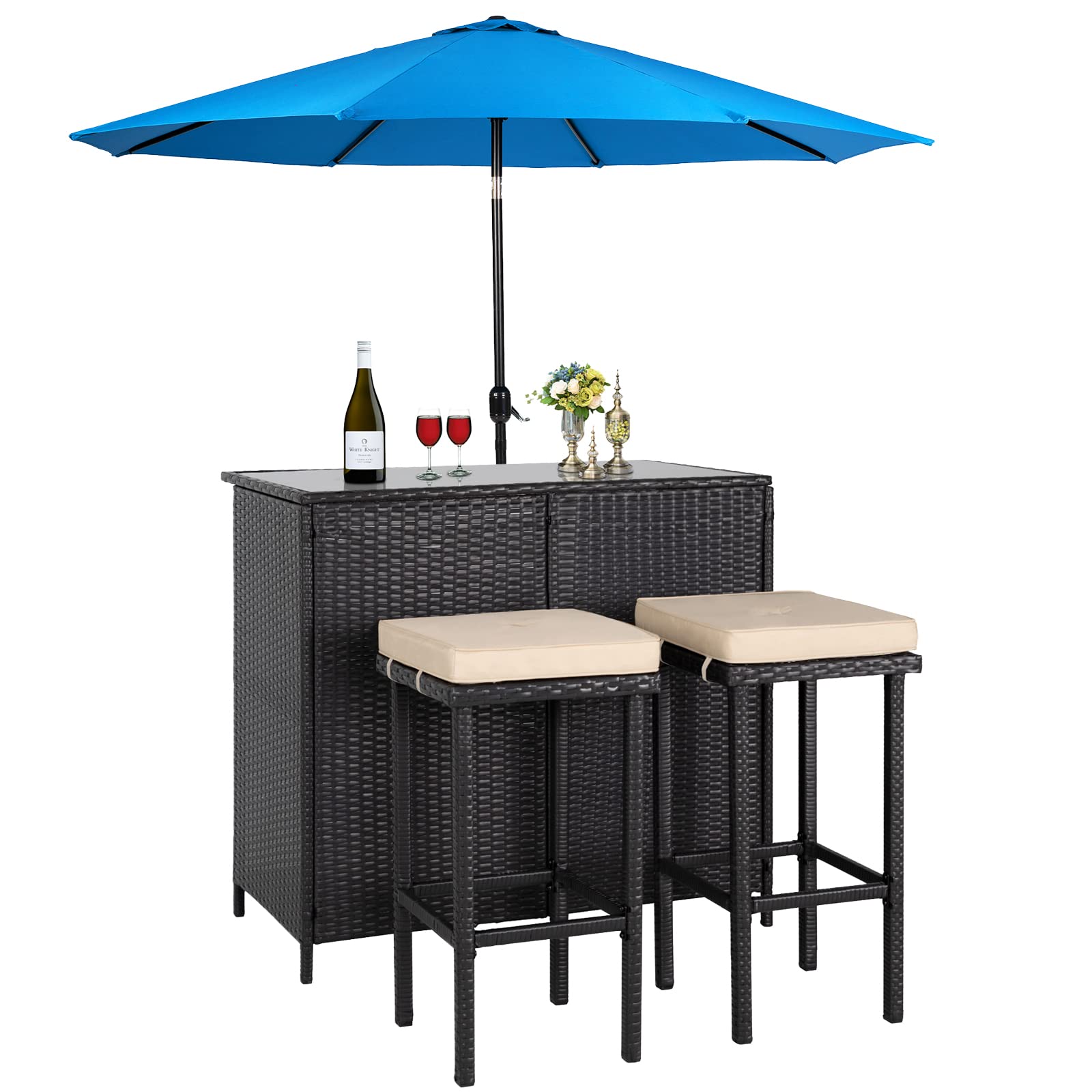 3-Piece Brown Wicker Outdoor Bar Bistro Set with Glass Table & 2 Stools