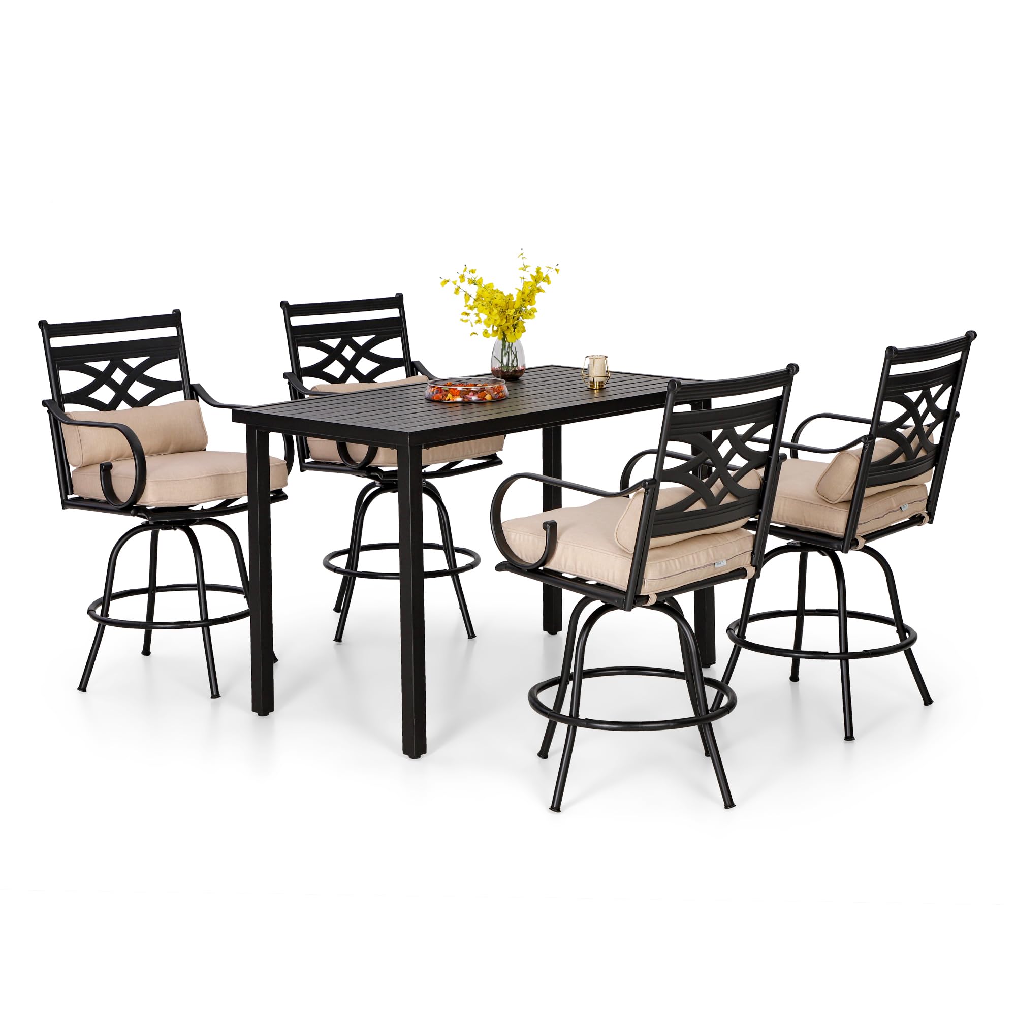PHI VILLA 7 Piece Outdoor Bar Set, Counter Height Patio Bar Furniture Rectangle Dining Table and 6 Swivel Bar Stools Chairs with Brown Textilene Fabric for Garden,Yard and Deck