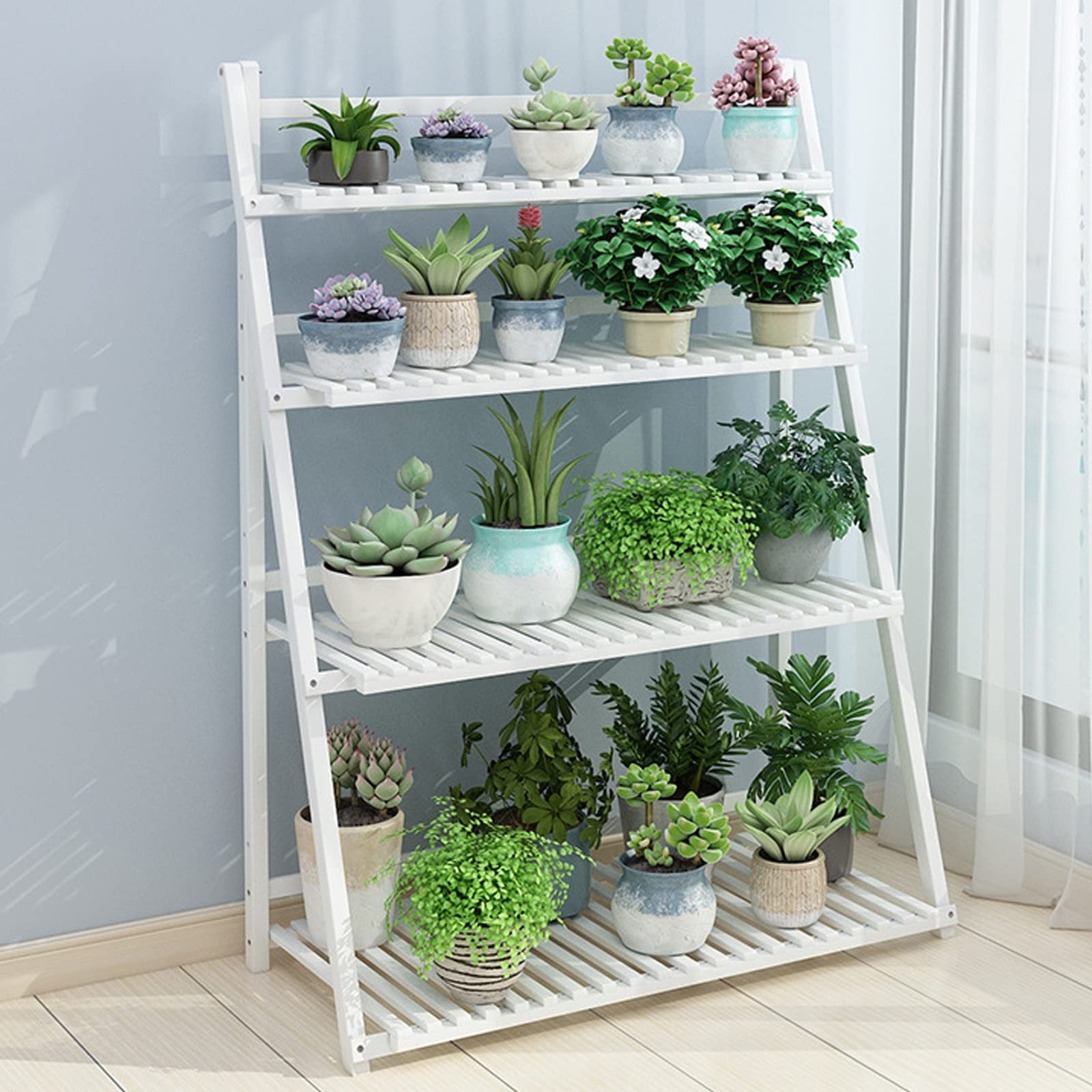 LIGUOYI 4-Tier Ladder Plant Stand, Multi Plant Pot Holder Bamboo Garden Shelves Storage Organizer Rack, 4 Colors Folding Flower Plant Stand Display Rack for Patio Garden Living Room