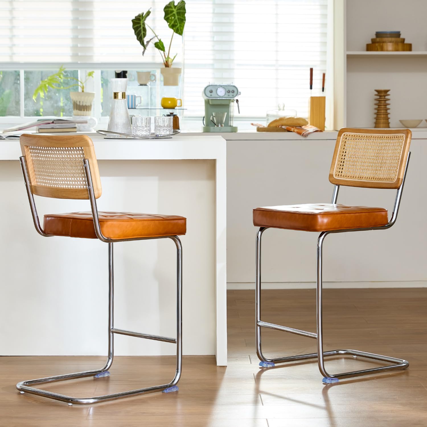GrandNoor Natural Rattan Bar Stools Set of 2 with Solid Wood Back, 24 Inch Mid Century Modern Counter Height Stools, Green Upholstery Boho Stool for Kitchen Counter with Chrome Metal Legs