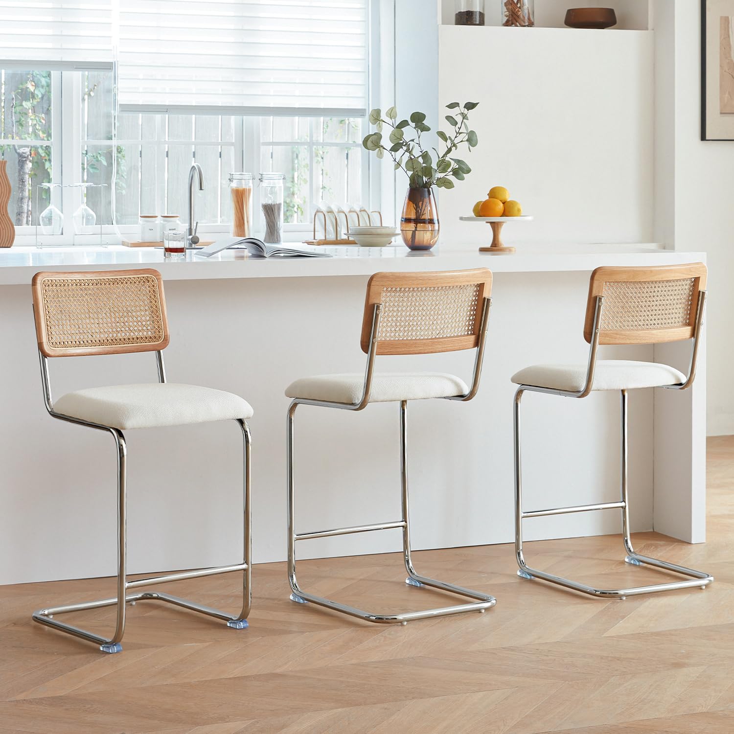 GrandNoor Natural Rattan Bar Stools Set of 2 with Solid Wood Back, 24 Inch Mid Century Modern Counter Height Stools, Green Upholstery Boho Stool for Kitchen Counter with Chrome Metal Legs