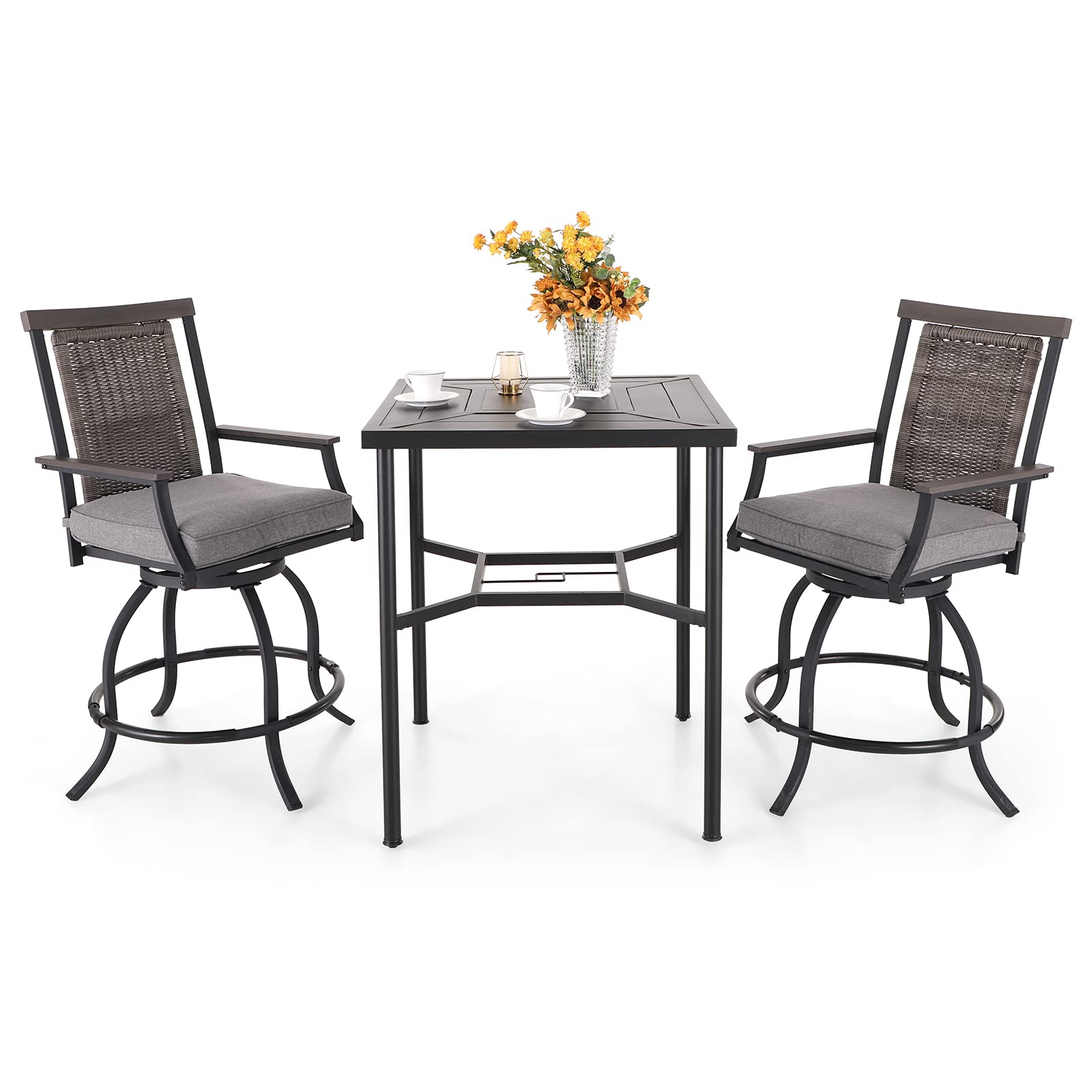 PHI VILLA 7 Piece Outdoor Bar Set, Counter Height Patio Bar Furniture Rectangle Dining Table and 6 Swivel Bar Stools Chairs with Brown Textilene Fabric for Garden,Yard and Deck