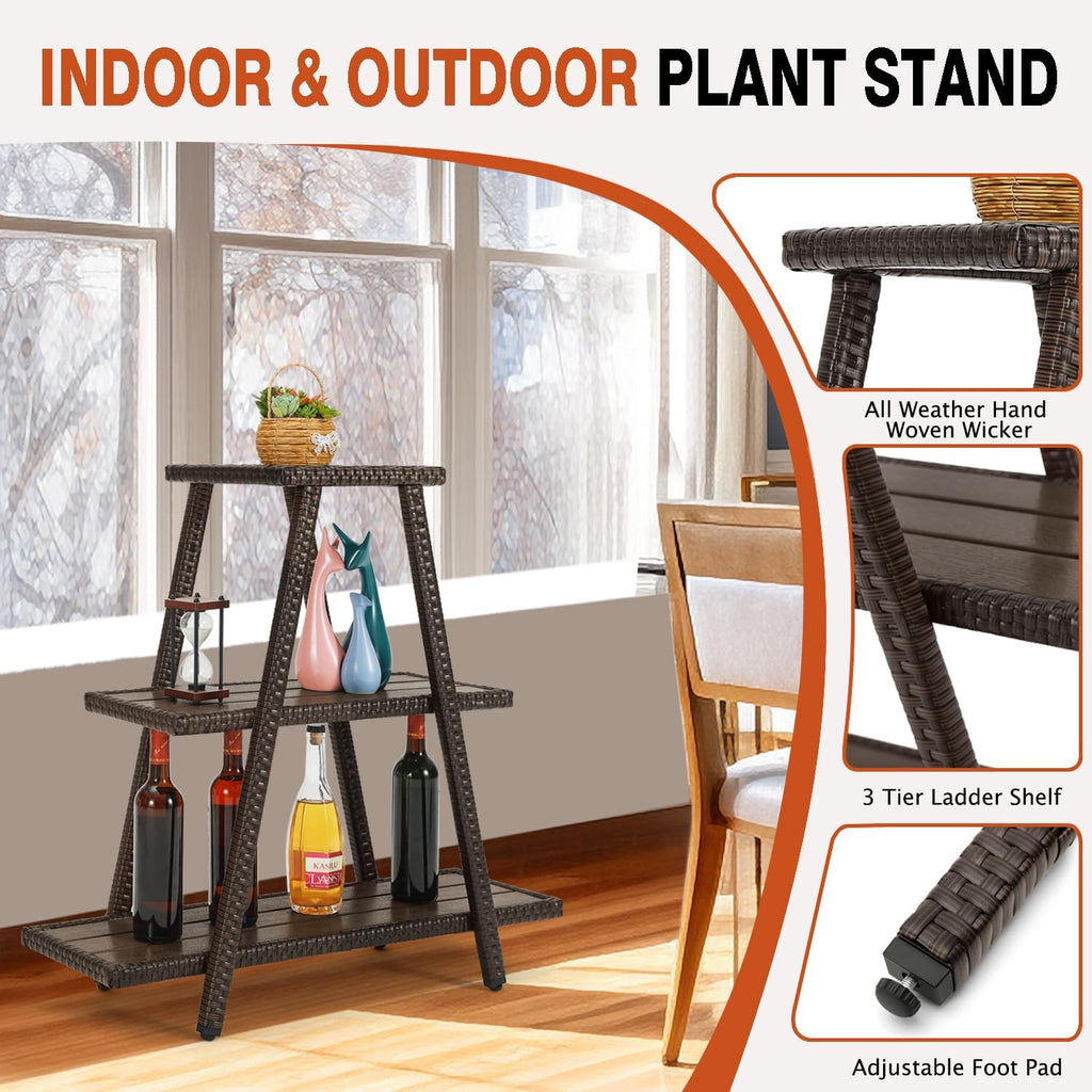 Outdoor Plant Stand for Patio 3 Tier Plant Stand Shelf with Wicker Poly Lumber Flower Stand Holder Tiered Multi Ladders Plant Holder Display Rack with Adjustable Feet for Outside Balcony Porch Brown