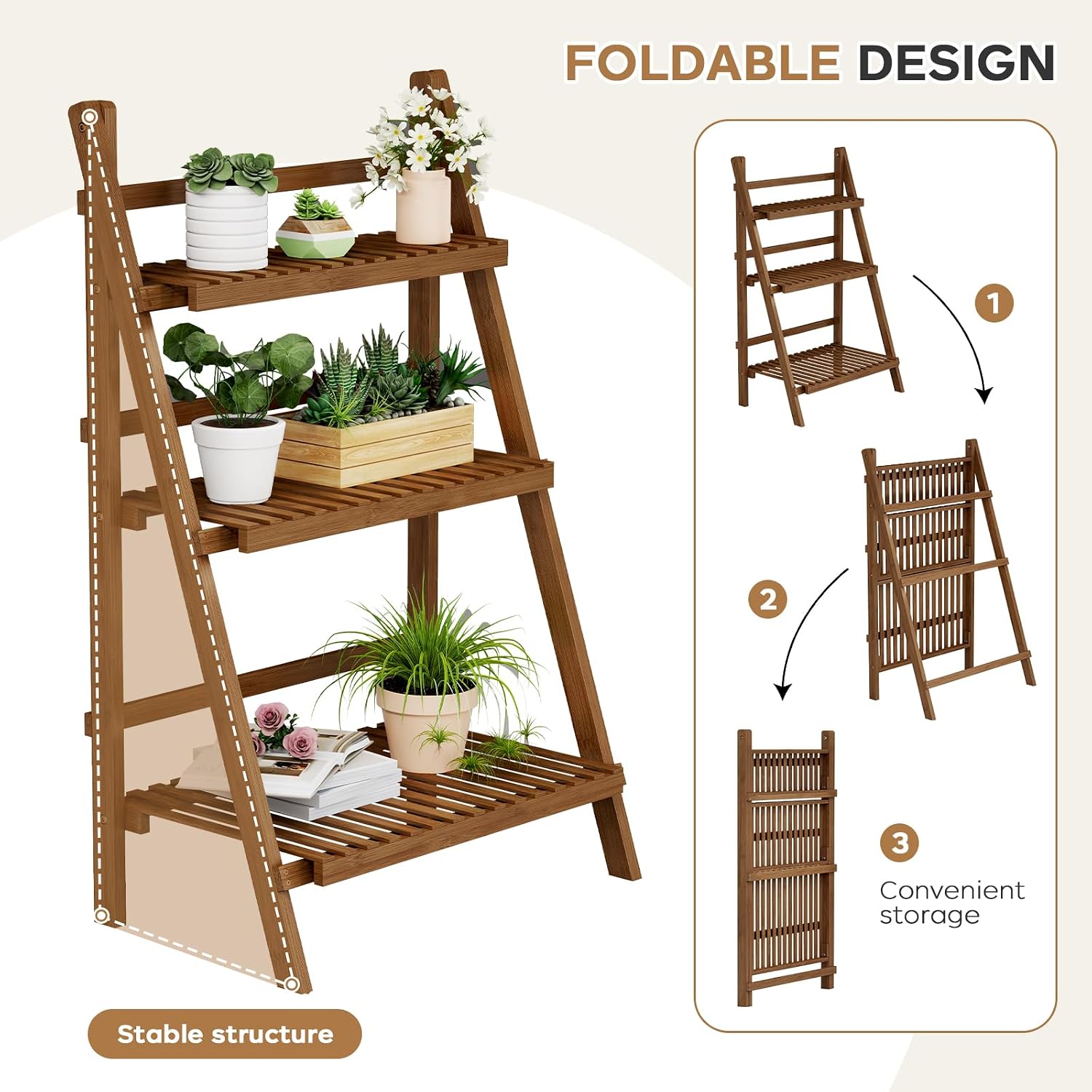 39.4" Bamboo Ladder Shelf Plant Shelf, 3 Tier Foldable Ladder Flower Pot Display Shelf Rack, 23.6"W x 15"D x 39.4"H, Freestanding Bookshelf for Garden, Balcony, Yard, Patio, Lawn, Living Room, Walnut