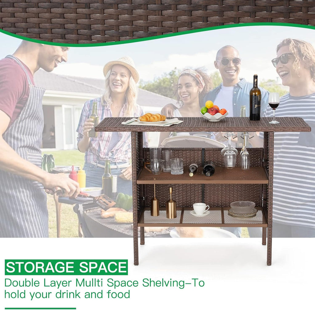 ECOTOUGE 5PCS Patio Bar Set with Wicker Bar Chairs & Outdoor Bar Table(2 Steel Shelves & Wine Rack), Rattan Bar Height Patio Set with Removable Cushion for Lawn, Porches,Balcony (Brown)