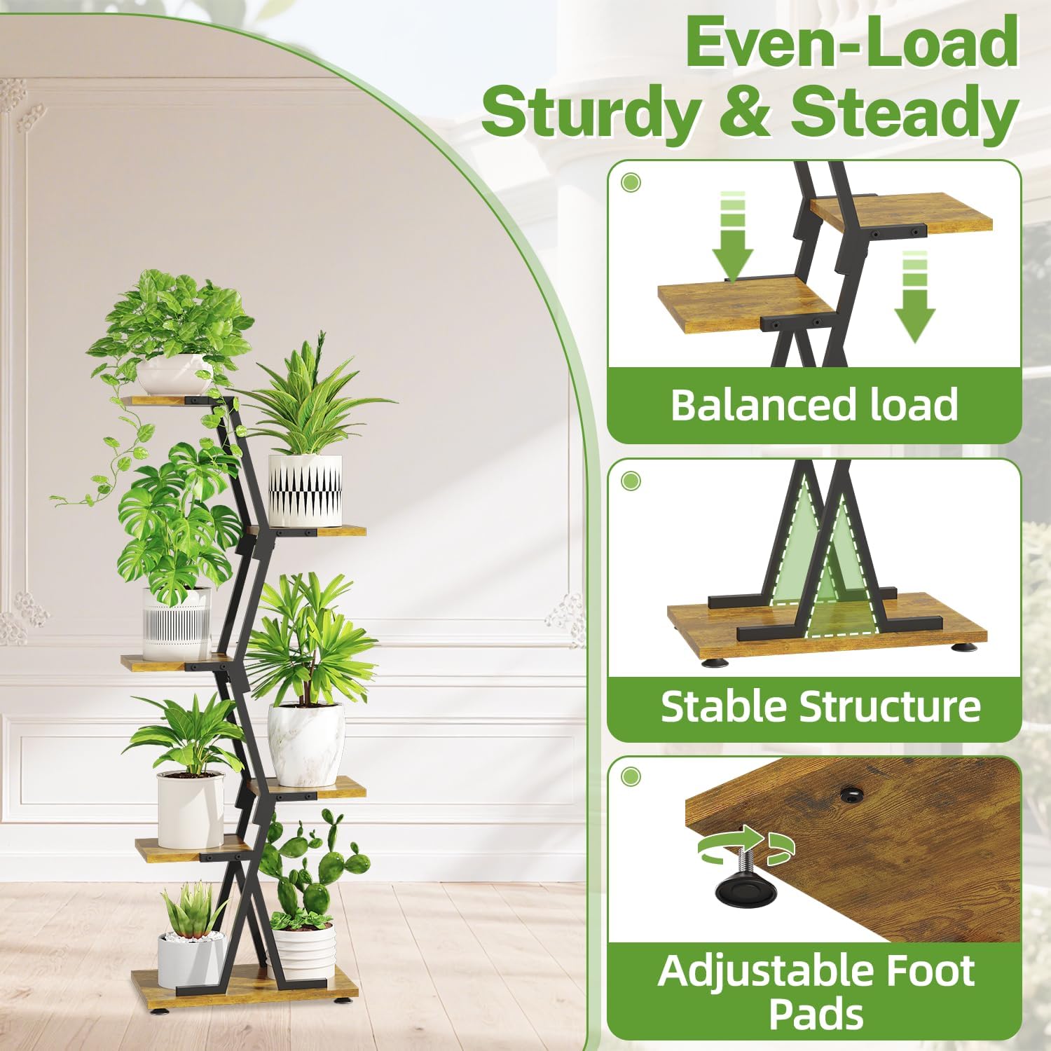 5-Tier Corner Plant Stand with Grow Light, Metal Wood Flower Rack for Indoor Balcony Display