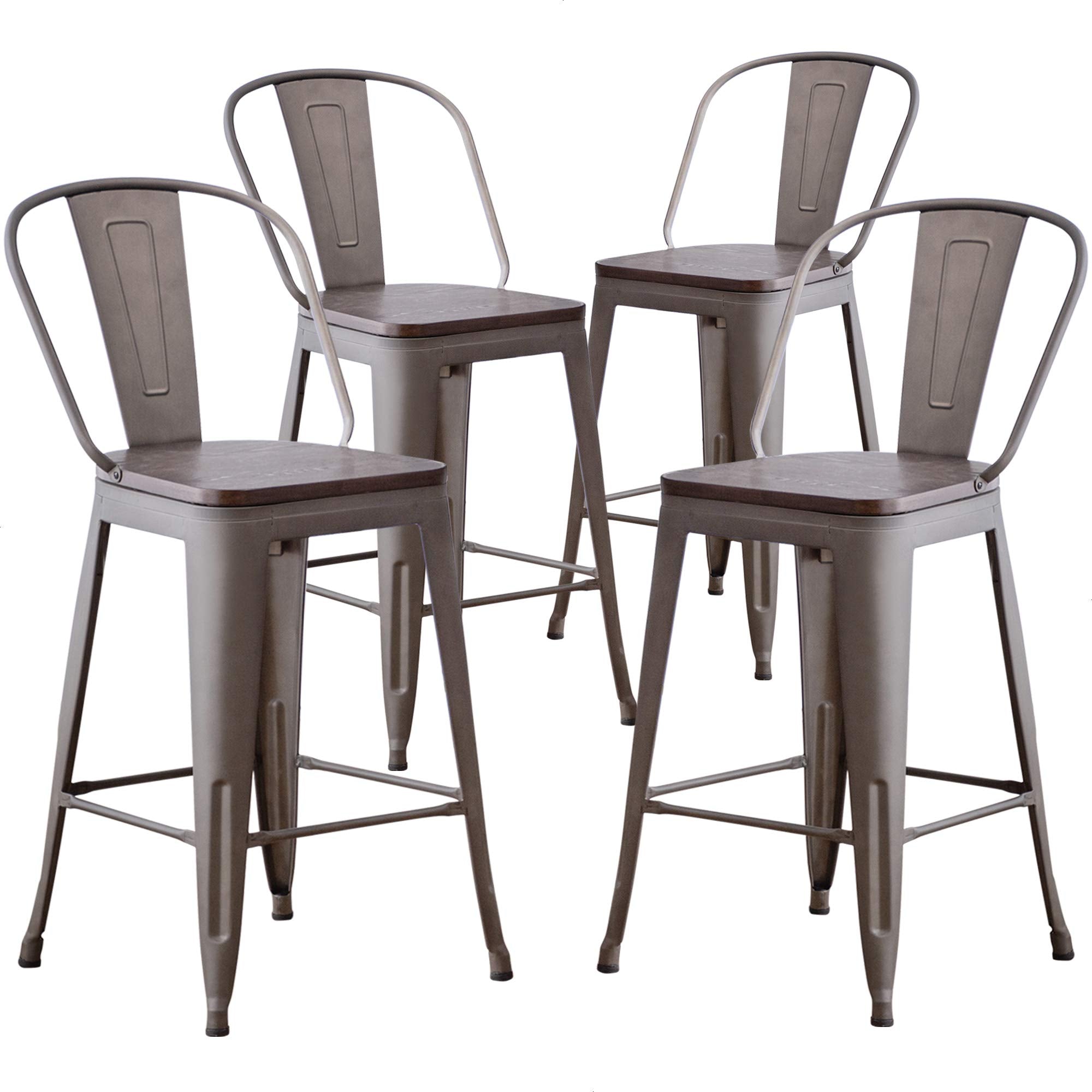 Aklaus Metal Bar Stools Set of 4,24 inch Barstools Counter Height BarStools with Backs Farmhouse Bar Stools with Larger seat High Back Kitchen Dining Chairs Modern Bar Chairs Matte Black Stool