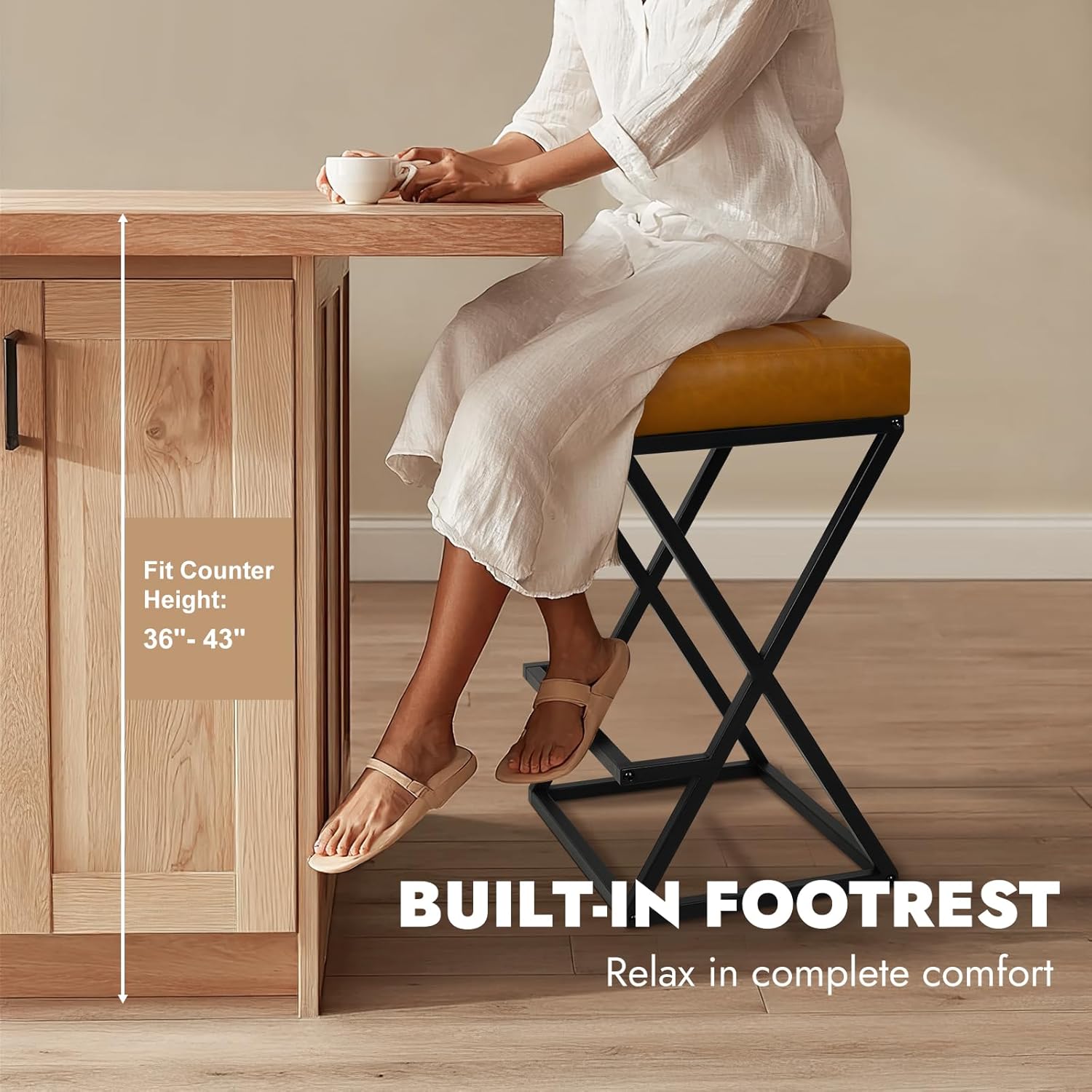 2 Pack Walnut Brown Faux Leather Backless Counter Stools with Metal X Frame Legs