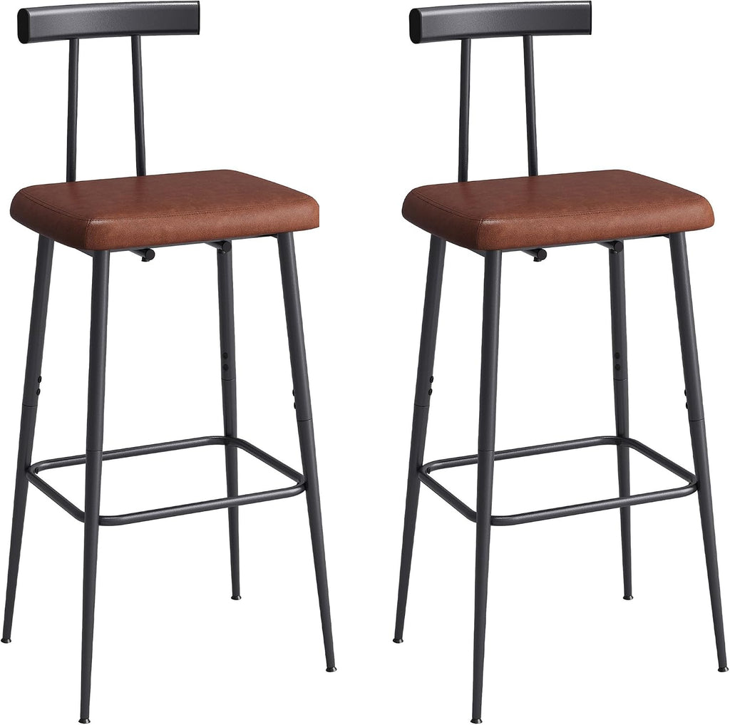 Bar Stools set of 2, Tall Bar Stools with Backrest and Footrest, Counter Height Bar Chairs, Industrial Barstools with PU Leather Cushion, for Kitchen, Dining Room, Bar, Cafe (Rustic Brown)KBS515R
