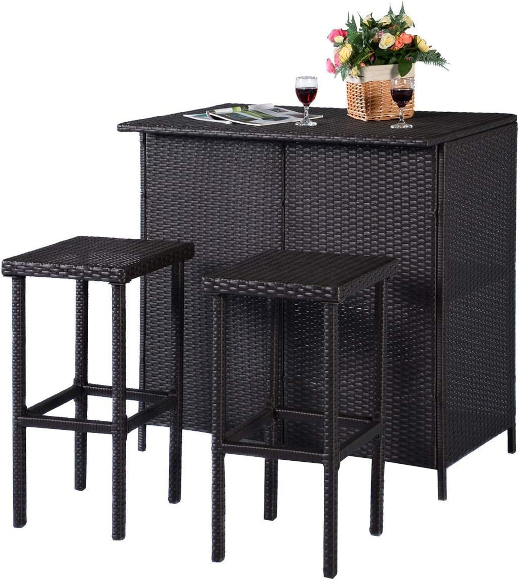 ReunionG Outdoor Bar Rattan Set 3-Piece Wicker Bar Stools & Table with 2 Storage Shelves for Lawn Pool Backyard Garden