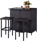 ReunionG Outdoor Bar Rattan Set 3-Piece Wicker Bar Stools & Table with 2 Storage Shelves for Lawn Pool Backyard Garden