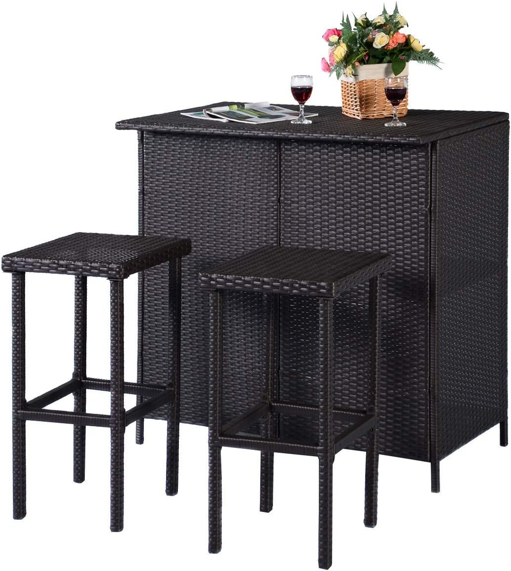 ReunionG Outdoor Bar Rattan Set 3-Piece Wicker Bar Stools & Table with 2 Storage Shelves for Lawn Pool Backyard Garden