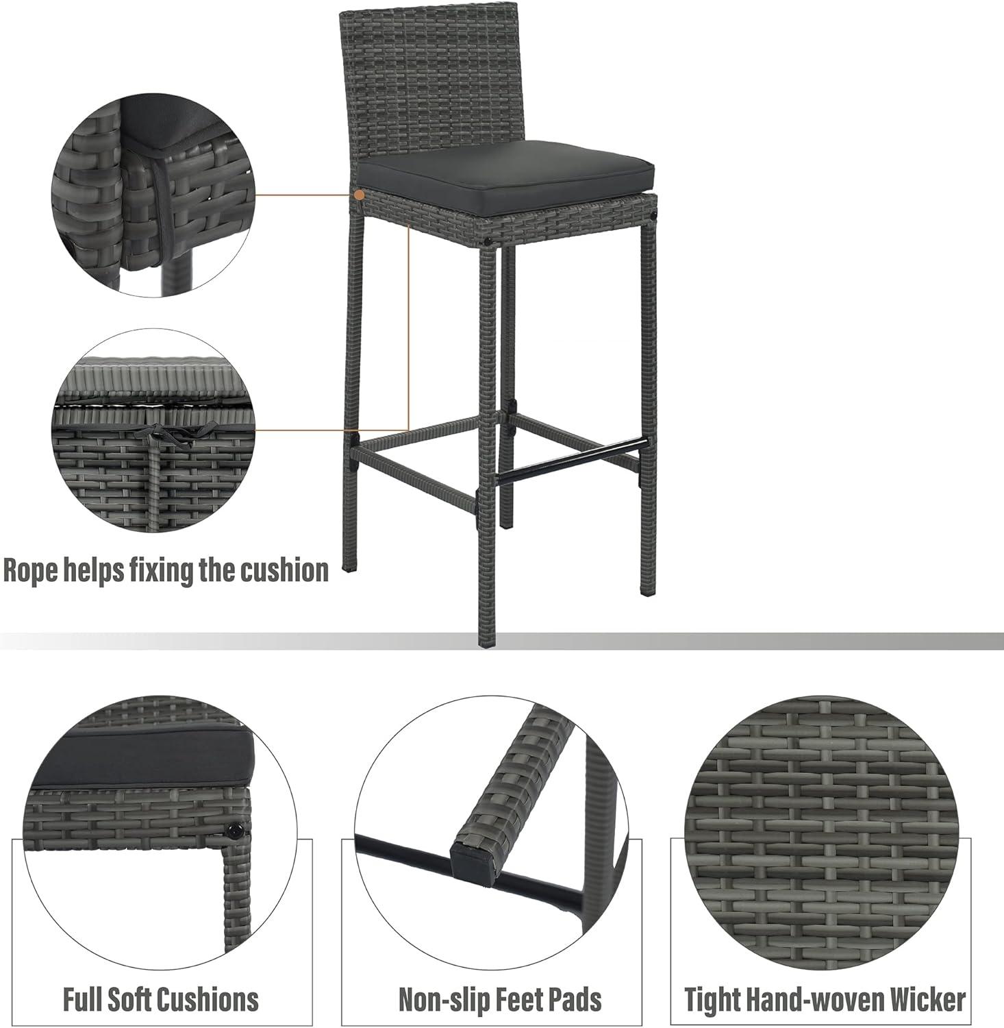 WILLIAMSPACE Patio Bar Table Set of 5, Outdoor Wicker Height Bar Table & 4 Chairs with Cushions & Wood Tabletop, Bistro Set for Backyards Porches (Brown+Grey)