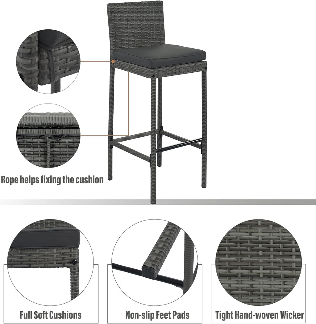 Merax 5 Pieces Outdoor Patio Wicker Bar Set, 4 Bar Height Chairs with Nonslip Feet and Gray Removable Cushion, Dining Table with Brown Acacia Wood Top and Gray Wicker
