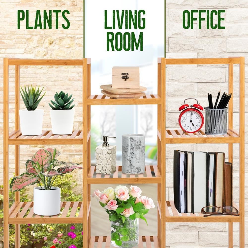 SereneLife Bamboo 9 Tier Plant Stand-Free Standing Storage Shelves for Multiple Potted Plants,Corner Shelf House Accessories Indoor and Outdoor Use,Tall Wood Holder For Backyard,Balcony, Patio,Garden
