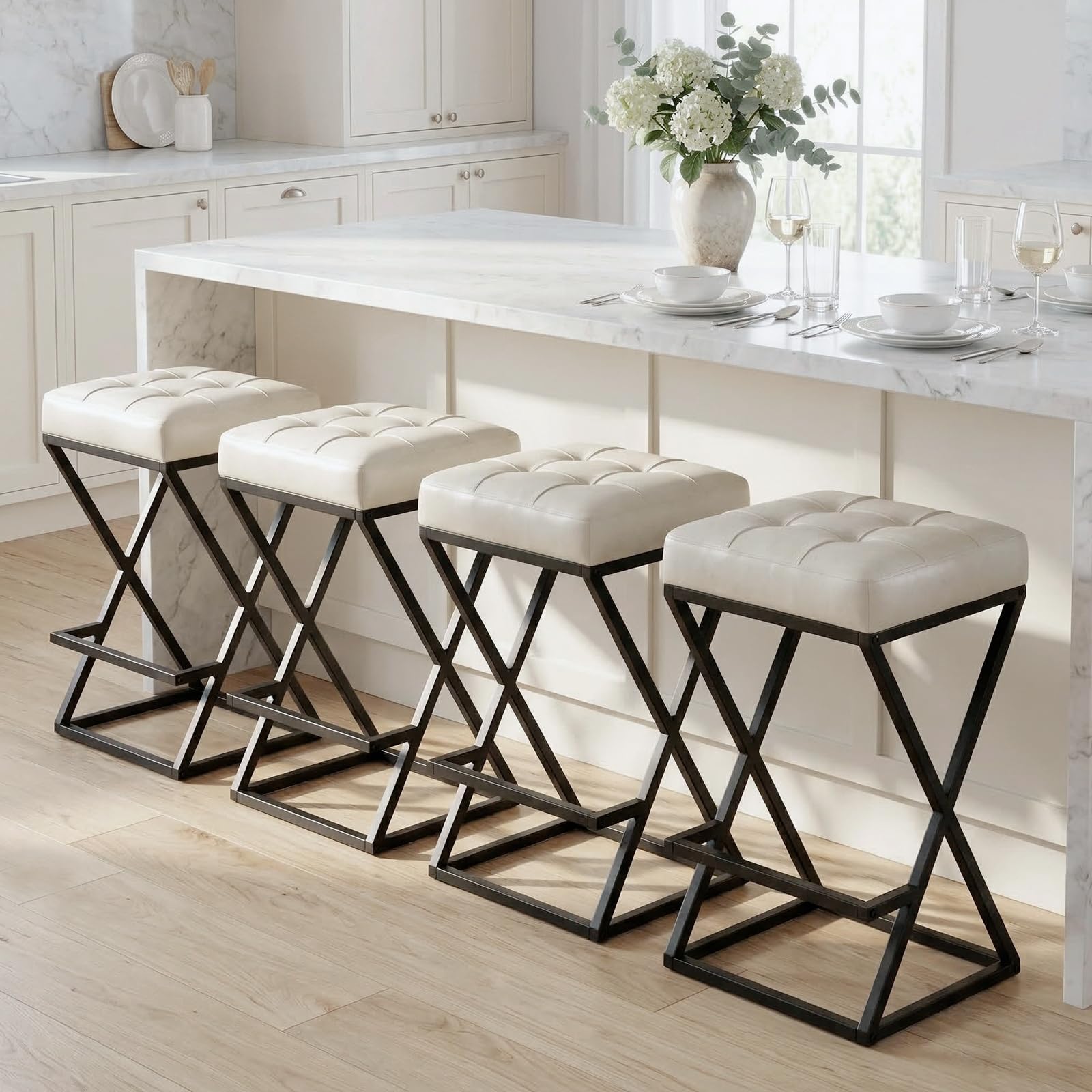 2 Pack Walnut Brown Faux Leather Backless Counter Stools with Metal X Frame Legs