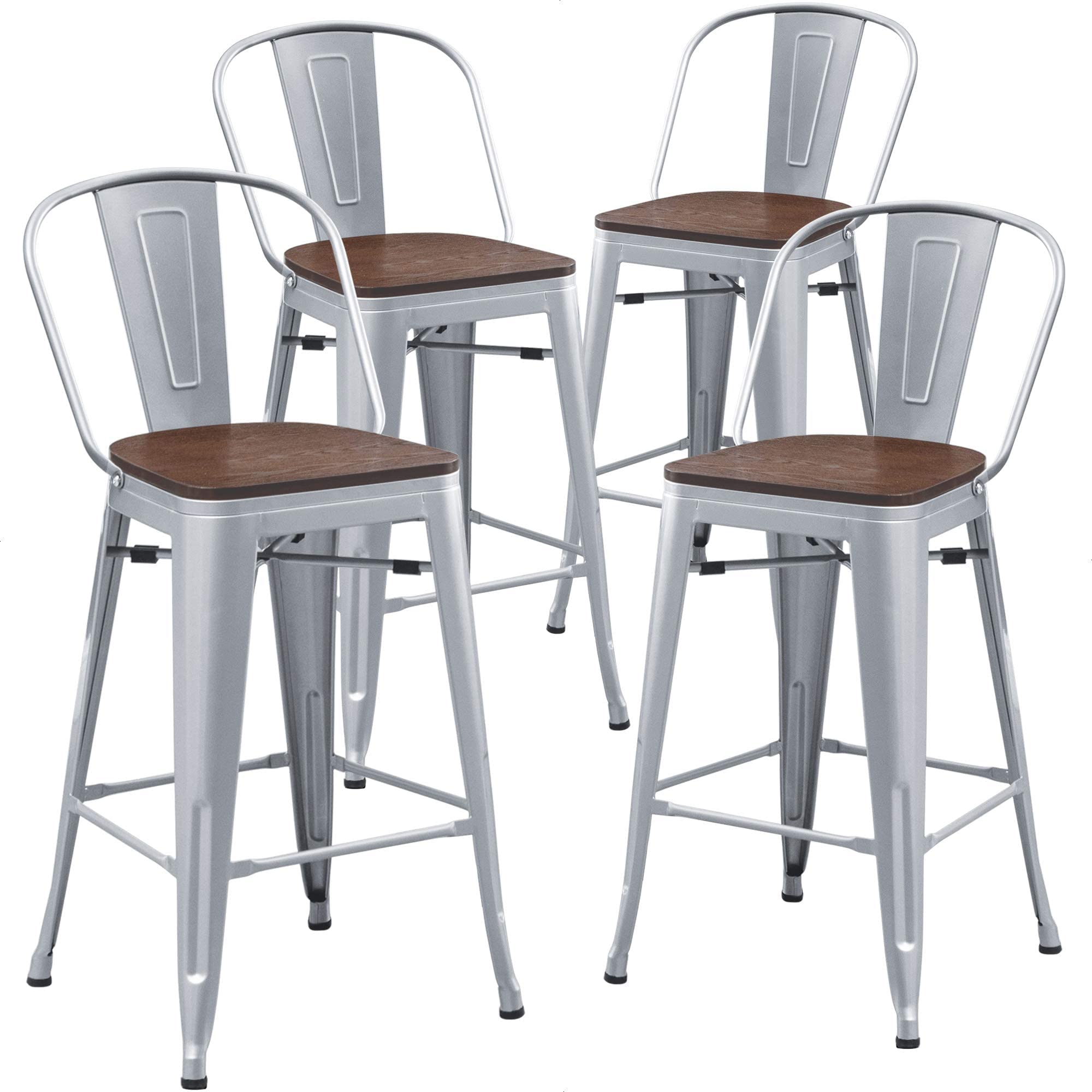 Aklaus Metal Bar Stools Set of 4,24 inch Barstools Counter Height BarStools with Backs Farmhouse Bar Stools with Larger seat High Back Kitchen Dining Chairs Modern Bar Chairs Matte Black Stool