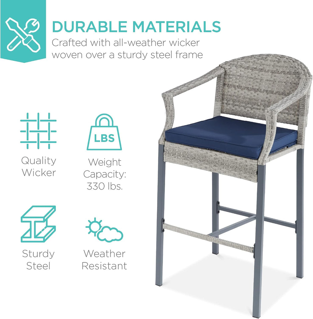 Best Choice Products 3-Piece Patio Bar Table Set, Outdoor Wicker Bar Height Bistro Furniture for Backyard, Poolside, Balcony w/Barstools, Cushions, Steel Frame – Gray/Blue