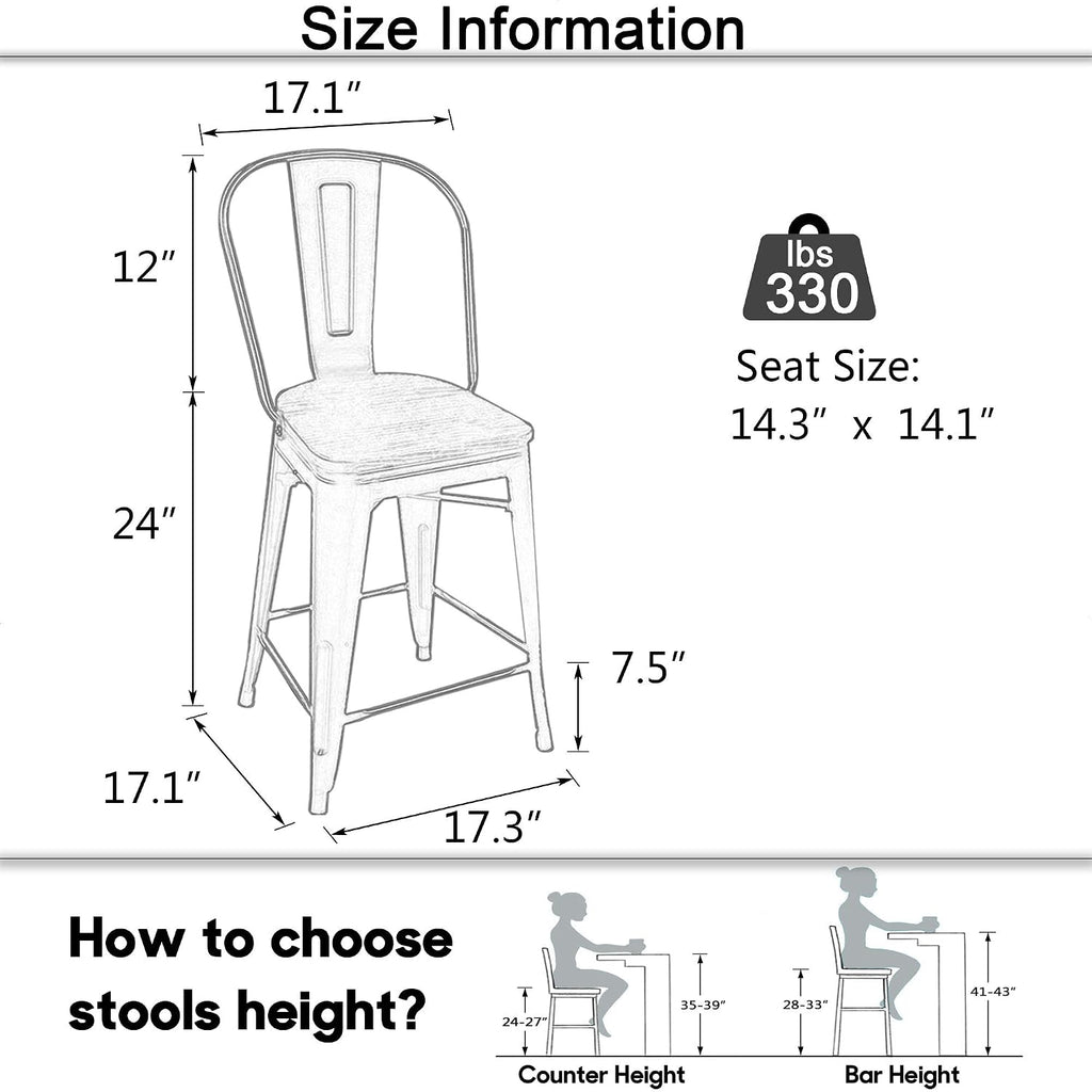 Aklaus Metal Bar Stools Set of 4,24 inch Barstools Counter Height BarStools with Backs Farmhouse Bar Stools with Larger seat High Back Kitchen Dining Chairs Modern Bar Chairs Matte Black Stool