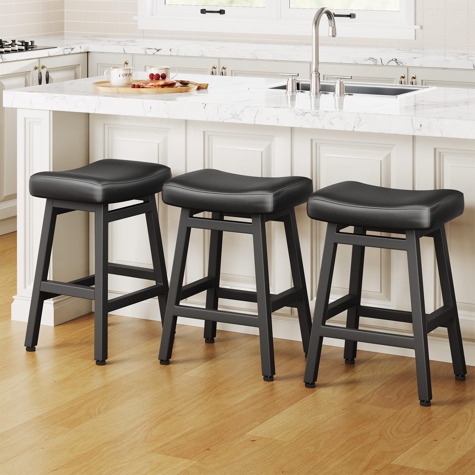 Raynesys Counter Height Bar Stools Set of 2, 24 Inch Barstools for Kitchen Counter, Kitchen Stools with Bonded Leather Saddle Seats & Heavy Duty Metal Legs, Easy Assembly, All Black