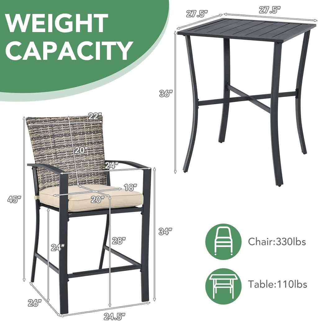 Tangkula 3 Piece Patio Bar Set, Outdoor Bistro Set w/ 27.5" Square Table, 2 Wicker Cushioned Chairs, Ergonomic Armrest & Backrest, All-Weather Rattan Furniture Set for Patio, Backyard, Garden