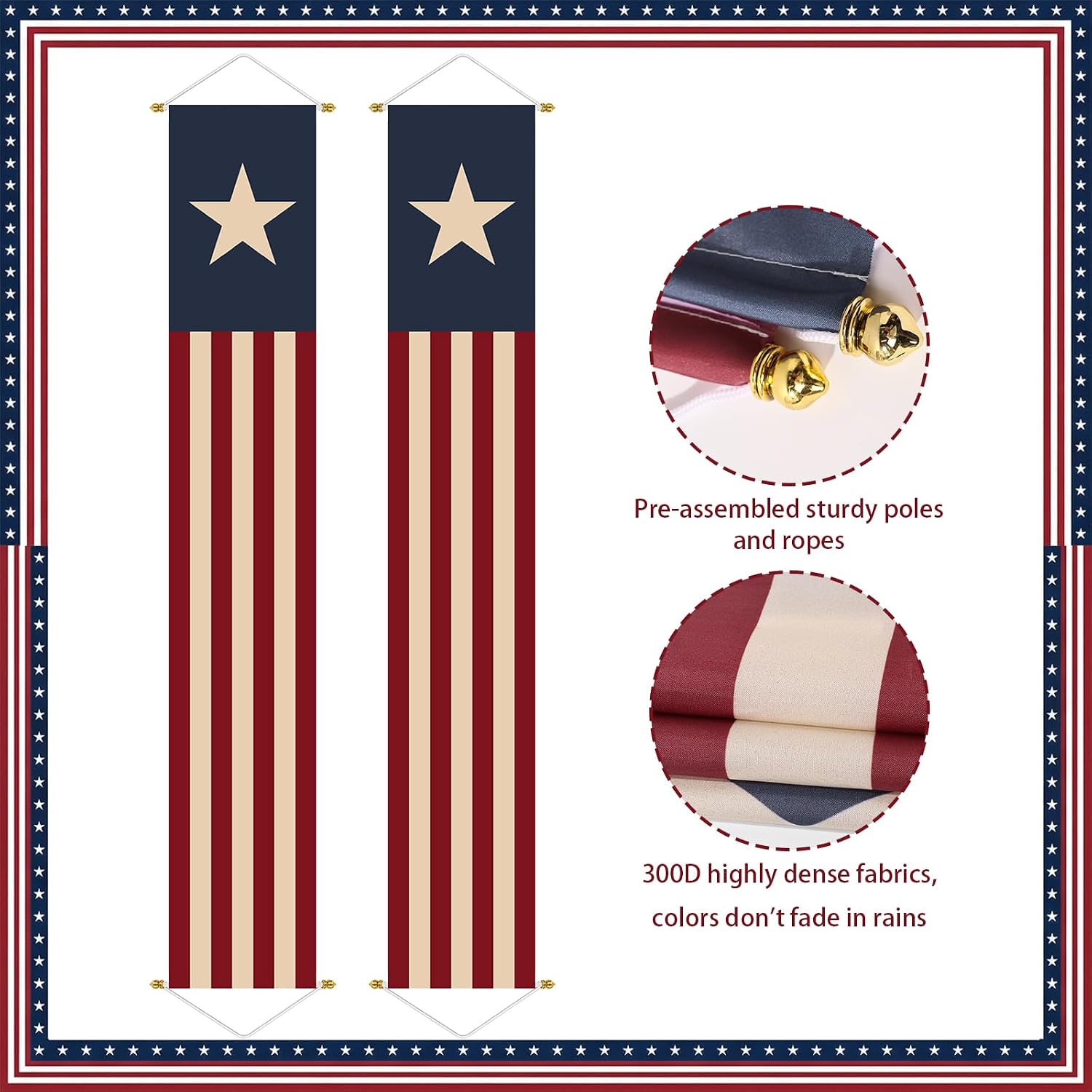 4th of July decorations: 2pcs Vintage American Flag Stars & Stripes Hanging Banners for Front Door, Patriotic Fourth of July Decorations for 250th Memorial Day Independence Indoor Outdoor Party Decor