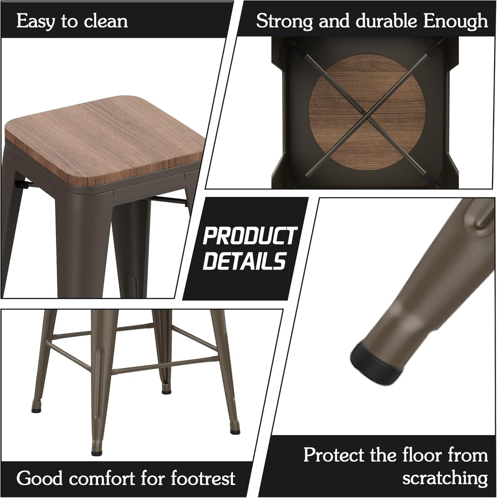 Alunaune 26" Metal Counter Height Bar Stools Set of 4 Backless Stackable Industrial Kitchen Patio Stool Bar Chairs with Wooden Seat-Rusty