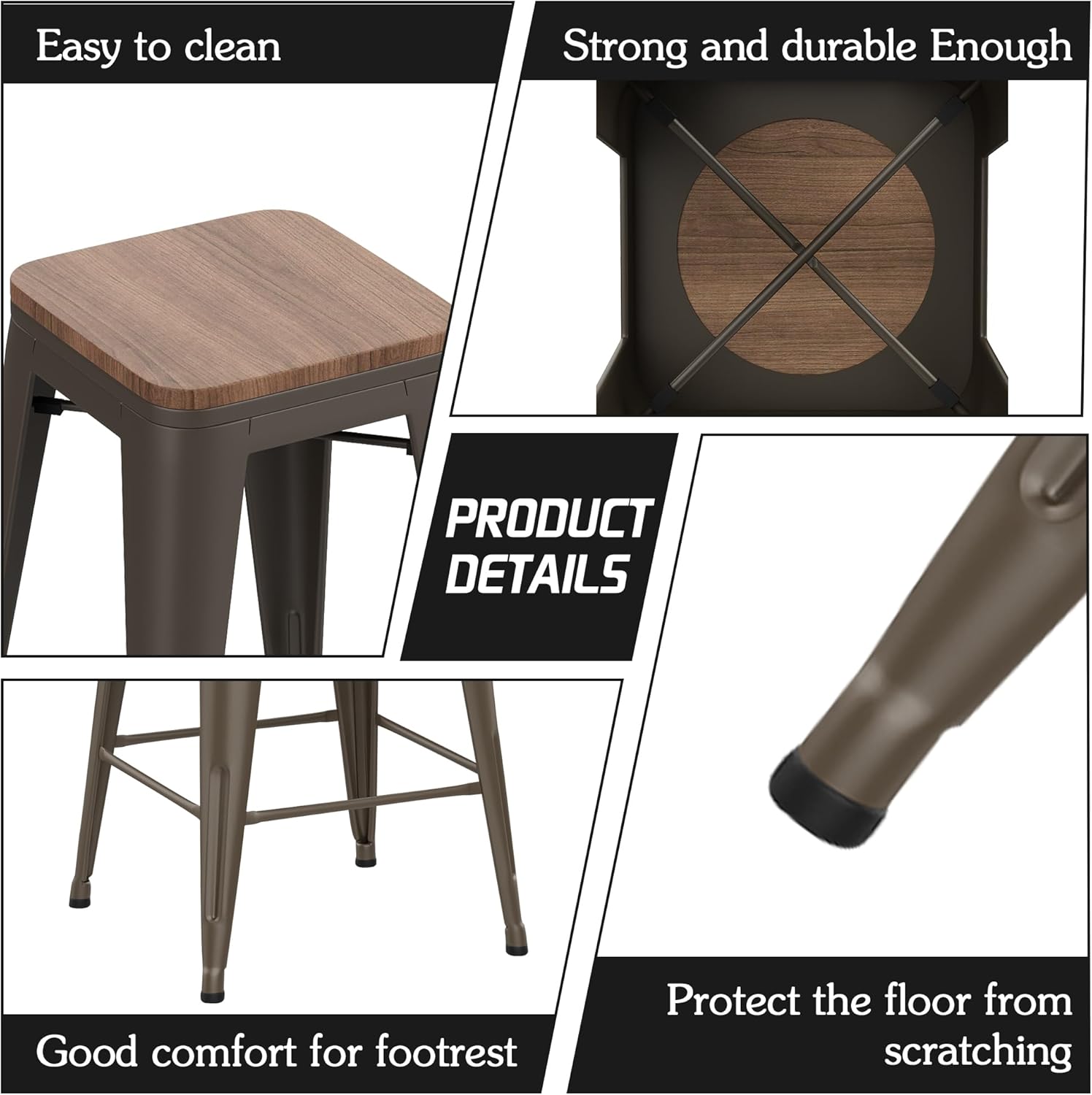 Alunaune 26" Metal Counter Height Bar Stools Set of 4 Backless Stackable Industrial Kitchen Patio Stool Bar Chairs with Wooden Seat-Rusty