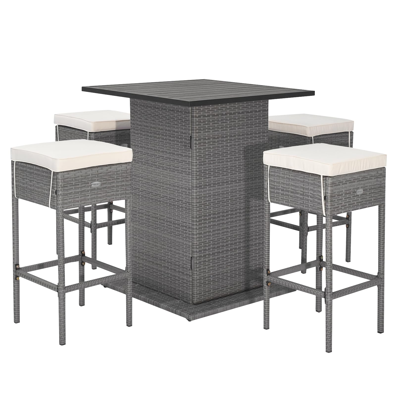HAPPYGRILL 5 Pieces Rattan Bar Set, Outdoor Wicker Bar Table and 4 Bar Stools, Heavy-Duty Steel Frame, Patio Bar Furniture Set with Cushions, Black