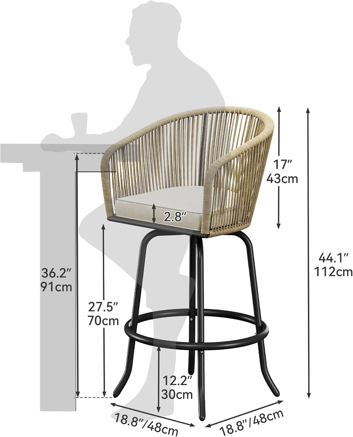 YITAHOME Counter Height Bar Stools Set of 2, Outdoor Bar Stools with Soft Cushions, Patio Rattan Swivel Bar Chairs for Backyard Poolside, Garden w /360 Rotation (Beige)