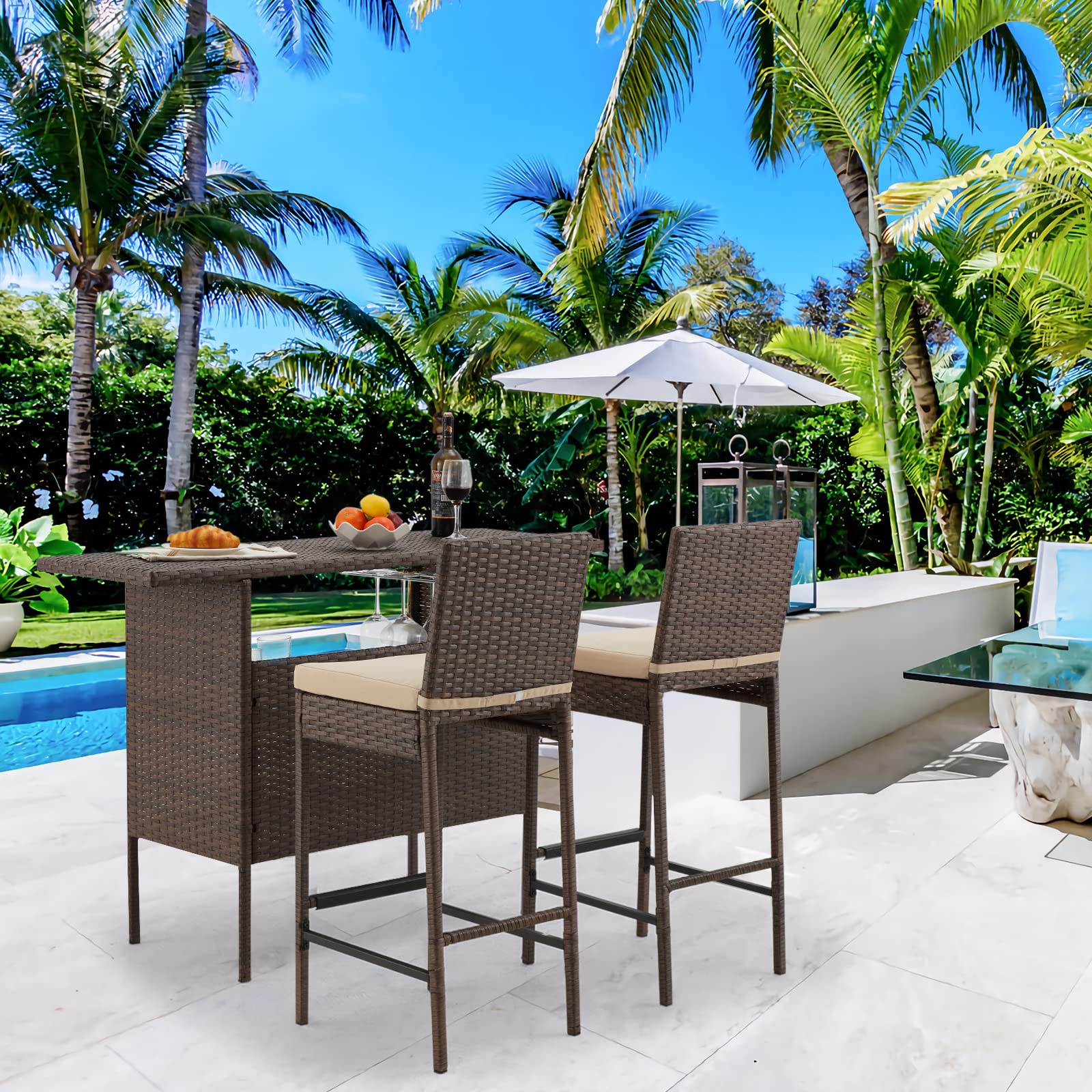 ECOTOUGE Bar Height Patio Set(Wicker Patio Stools & Smooth Top Table), Patio Bar Table and Chairs Set with Removable Cushion for Poolside (Black, 5 Set)