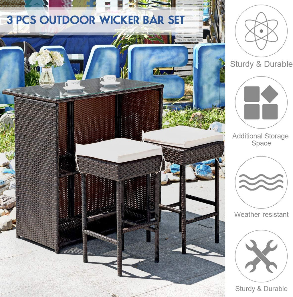 DORTALA 3 Pieces Rattan Patio Bar Table & Stool Set, Patio Furniture Set for Lawn Pool Backyard Front Porch, Dining Set w/Cushion, Beige