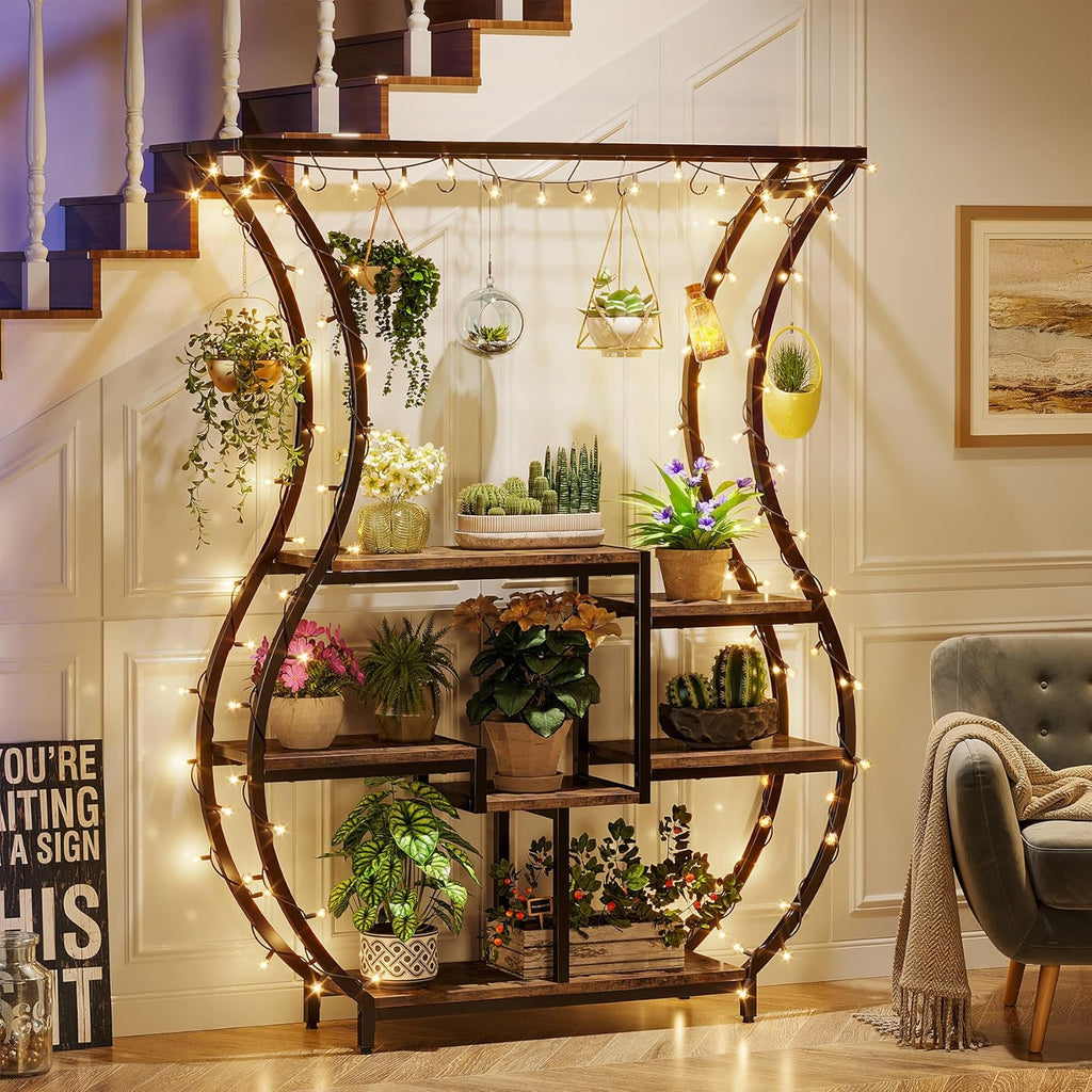 Tribesigns 6-Tier Plant Stand, 70.9 Inch Tall Plant Shelf with 10 Hanging Hooks, Vase Shape Ladder Plant Stand, Multi-Purpose Plant Display Rack for Indoor, Balcony, Living Room, Brown and Black