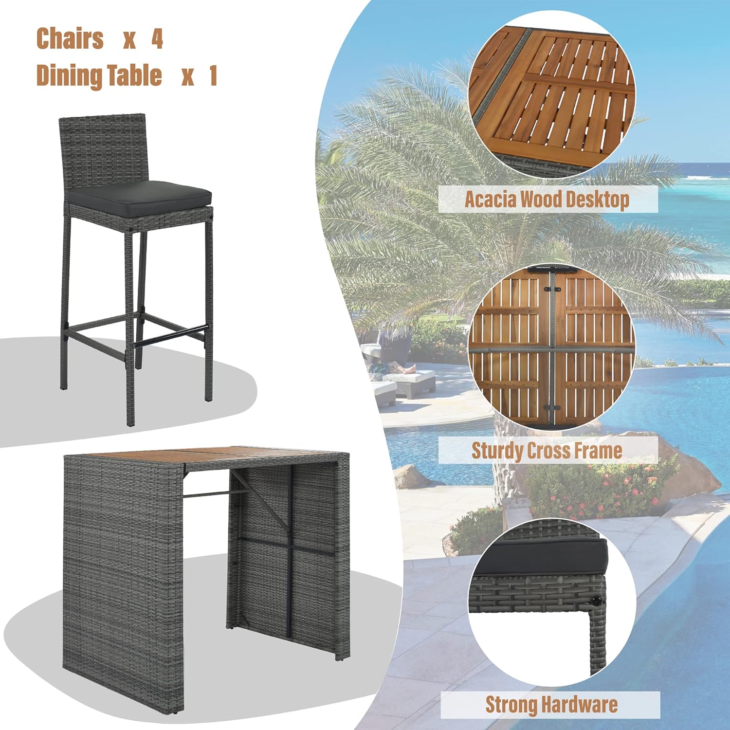 Patio Dining Table Set, 5-Pieces Outdoor Patio Wicker Bar Set, Bar Height Chairs with Non-Slip Feet & Fixed Rope, Removable Cushion, Brown+Gray