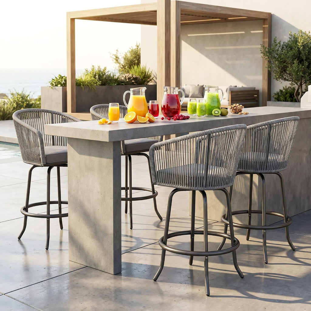 YITAHOME 27" Bar Stools Set of 2 with Arms & Cushions, 360° Swivel Outdoor Bar Stools, All Weather Counter Height Bar Stools Set of 2 with Curved Back for Backyard, Kitchen Island, Dining Room, Gray