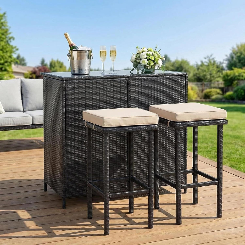 3-Piece Brown Wicker Outdoor Bar Bistro Set with Glass Table & 2 Stools