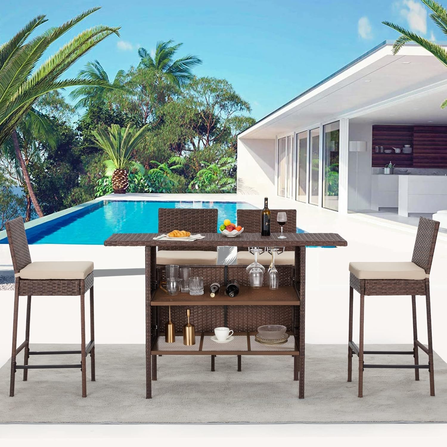 ECOTOUGE Bar Height Patio Set(Wicker Patio Stools & Smooth Top Table), Patio Bar Table and Chairs Set with Removable Cushion for Poolside (Black, 5 Set)
