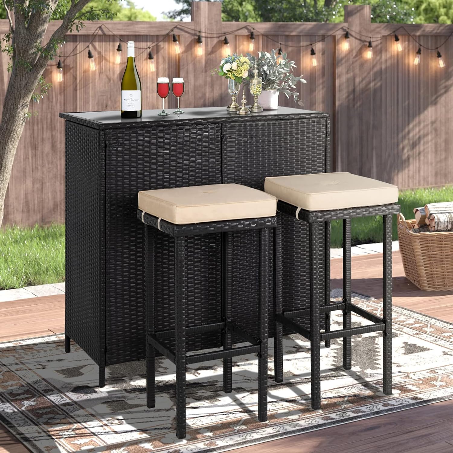 3-Piece Brown Wicker Outdoor Bar Bistro Set with Glass Table & 2 Stools