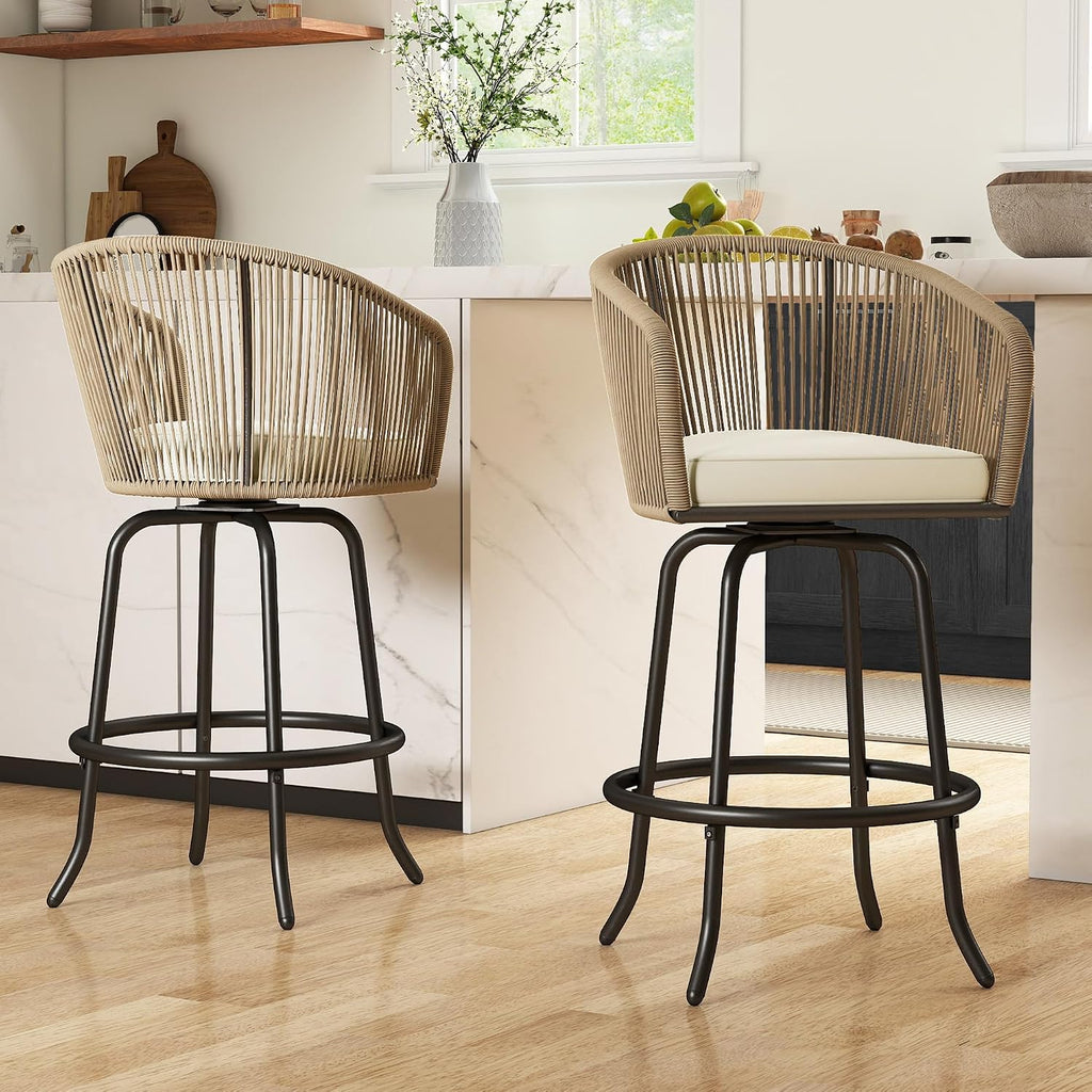 YITAHOME Counter Height Bar Stools Set of 2, Outdoor Bar Stools with Soft Cushions, Patio Rattan Swivel Bar Chairs for Backyard Poolside, Garden w /360 Rotation (Beige)