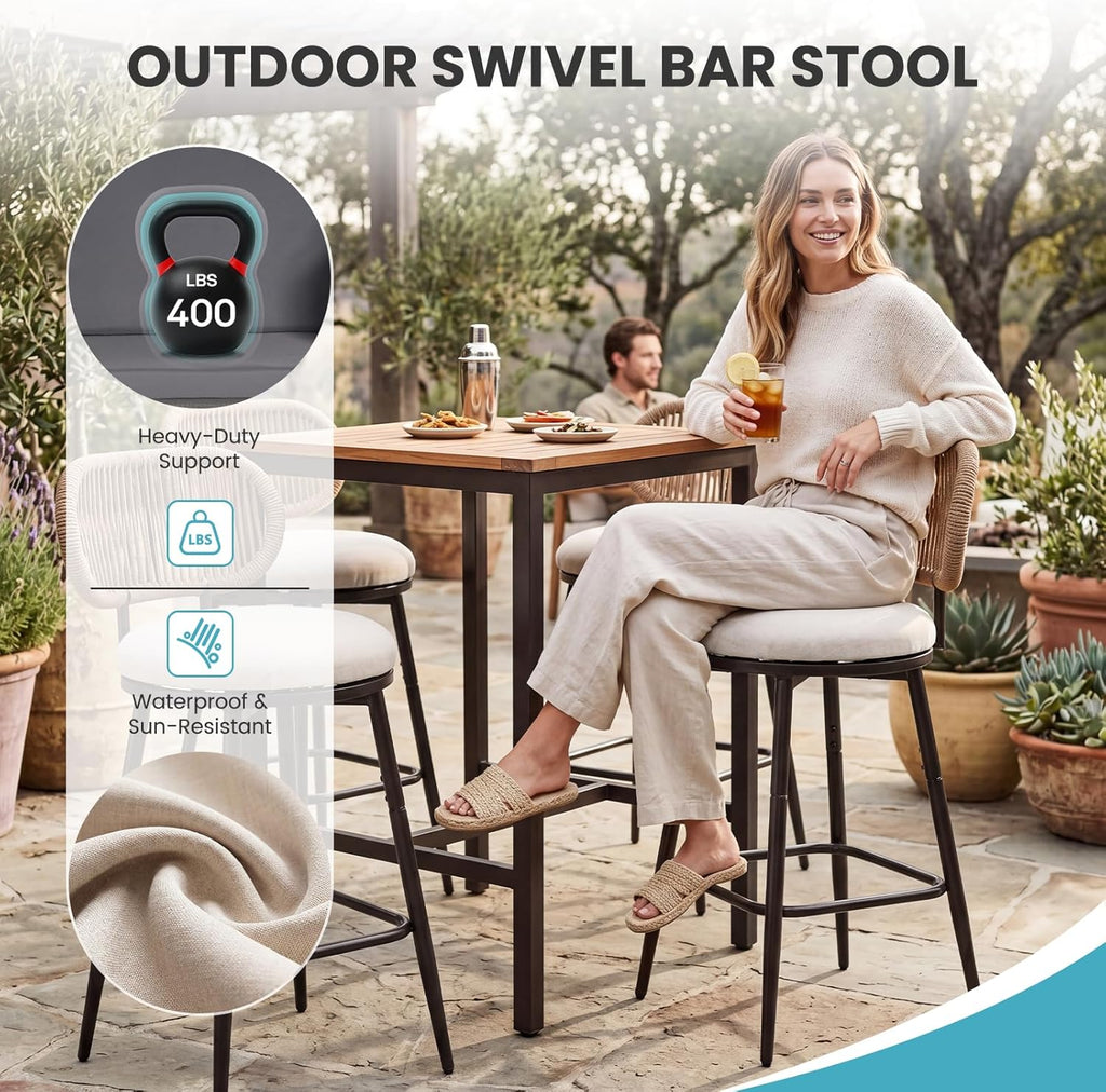 Outdoor Swivel Counter Bar Stools Set of 2, 360° Rope Counter Stools with Upholstered Seat, Metal Bar Chairs for Kitchen Island, Patio, Farmhouse, Boho, Beige