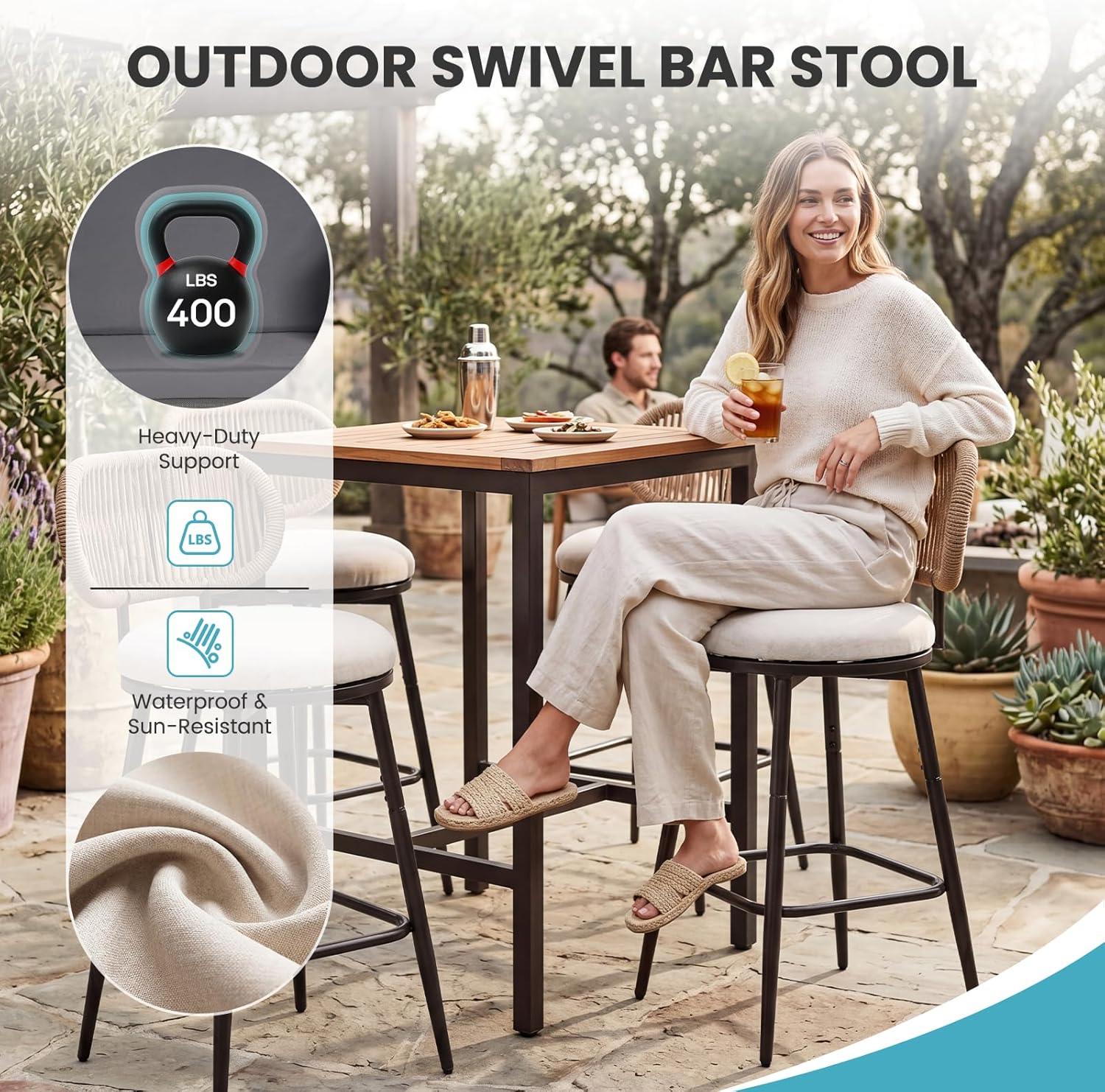 Outdoor Swivel Counter Bar Stools Set of 2, 360° Rope Counter Stools with Upholstered Seat, Metal Bar Chairs for Kitchen Island, Patio, Farmhouse, Boho, Beige