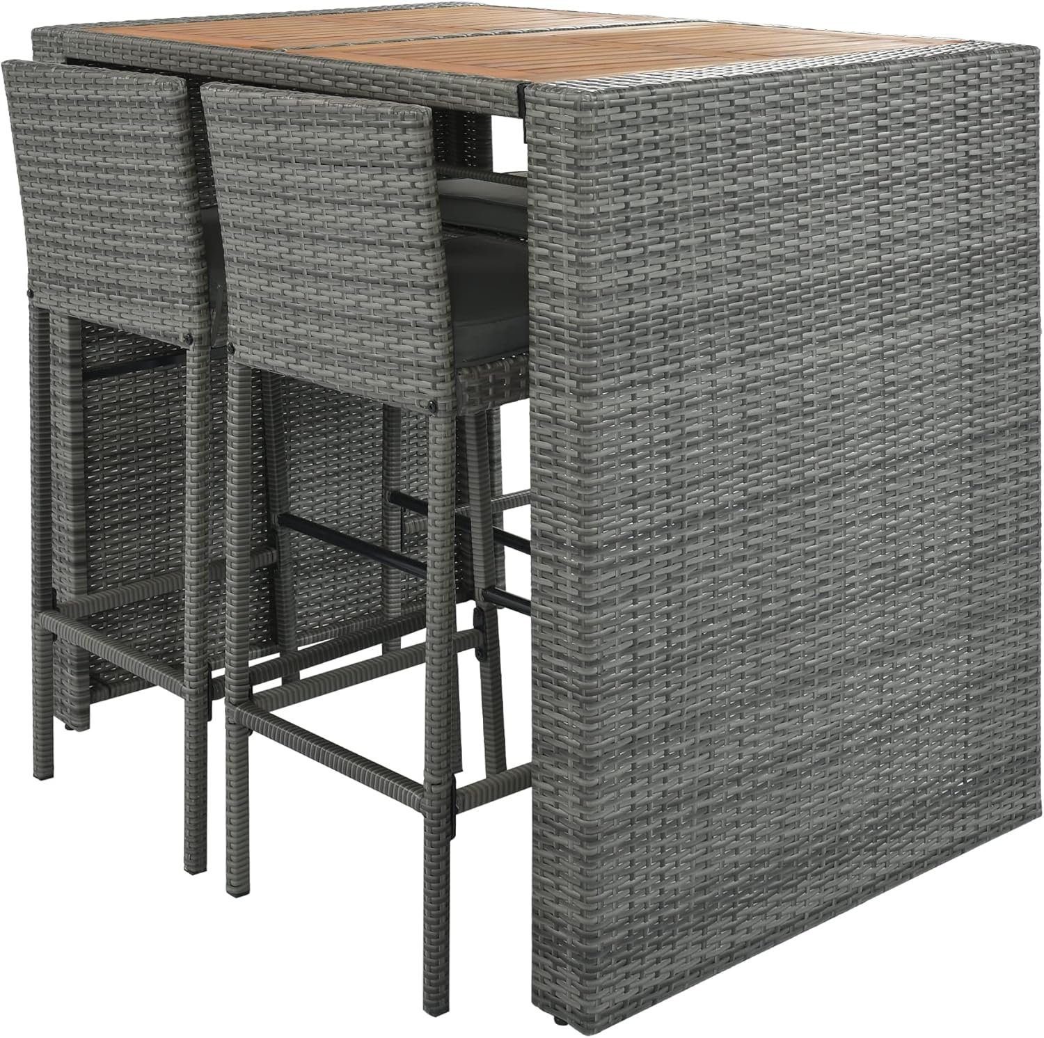 Patio Dining Table Set, 5-Pieces Outdoor Patio Wicker Bar Set, Bar Height Chairs with Non-Slip Feet & Fixed Rope, Removable Cushion, Brown+Gray
