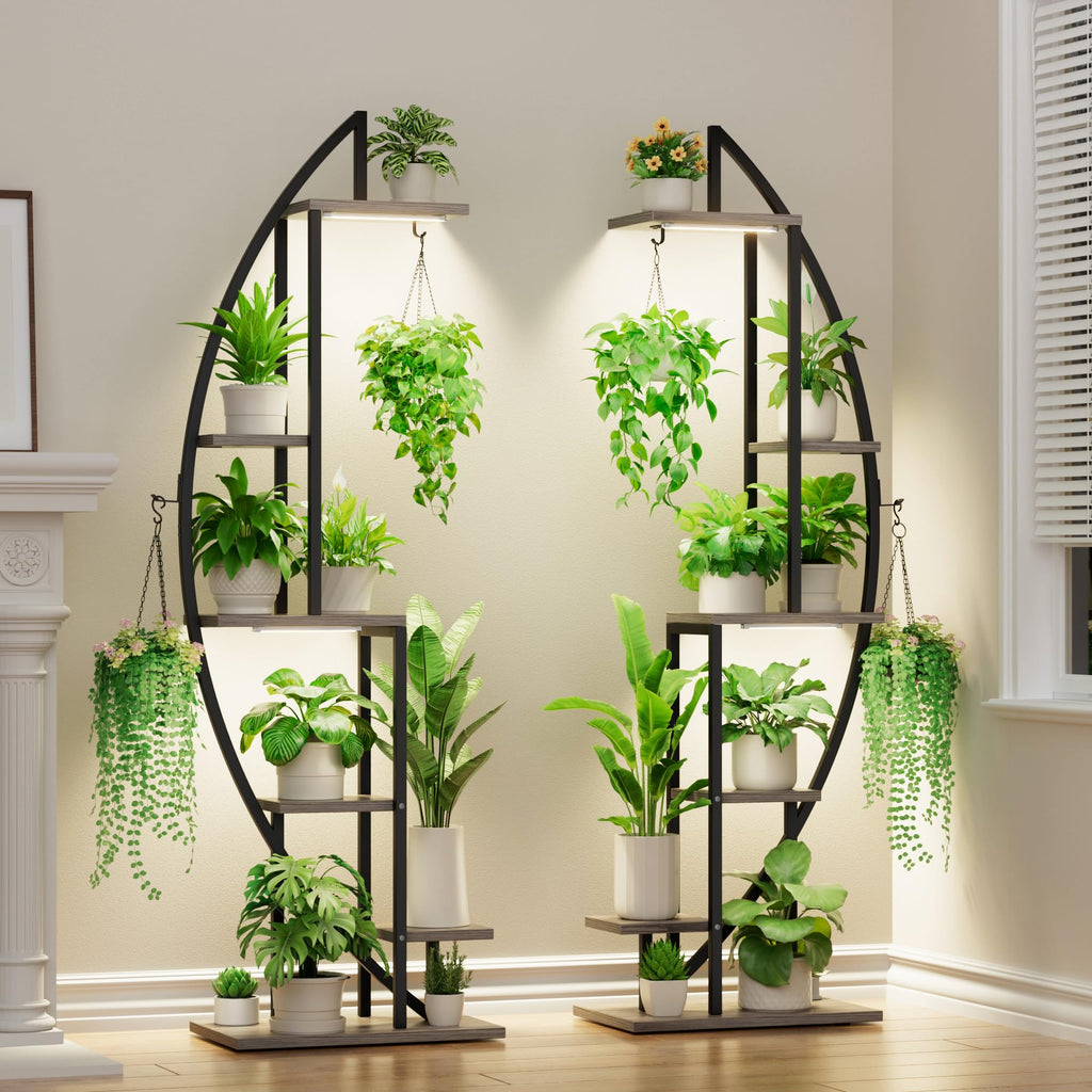 2 Pcs Half-Moon 6-Tier Tall Metal Plant Stand with Grow Lights for Indoor Plant Display