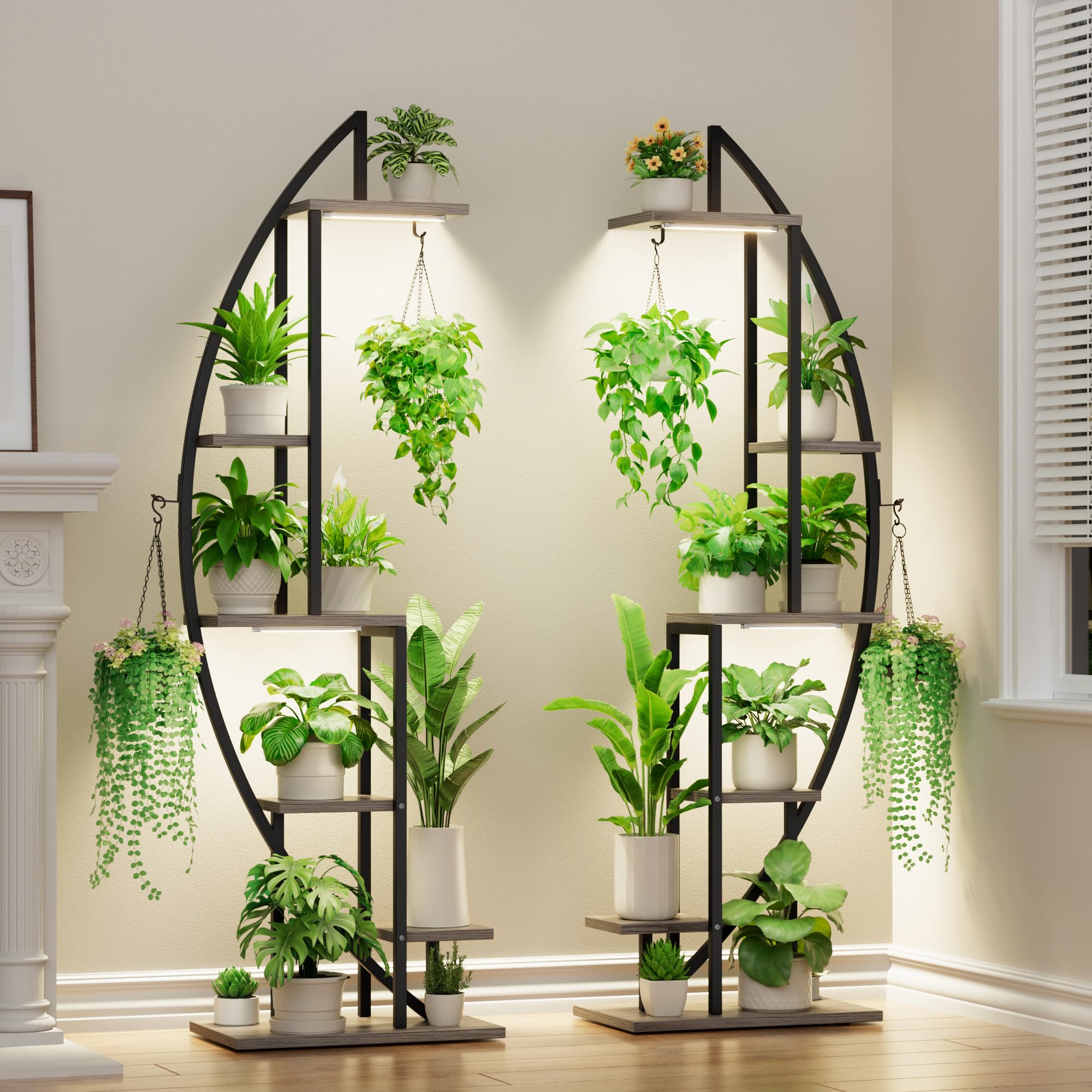 2 Pcs Half-Moon 6-Tier Tall Metal Plant Stand with Grow Lights for Indoor Plant Display