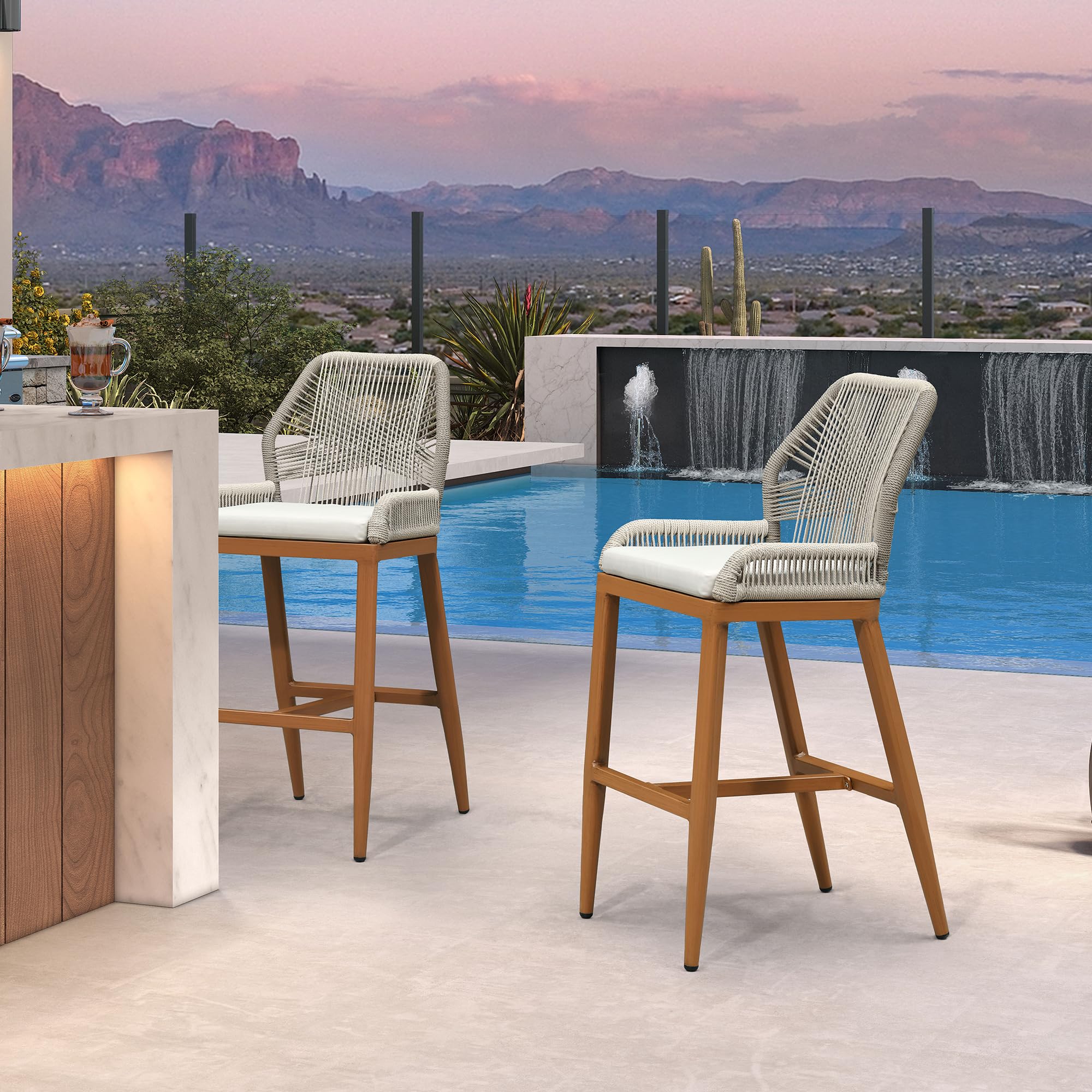 PURPLE LEAF Patio Counter Height Bar Stools 24" H Set of 2 Modern Rattan Bar Chairs Aluminum Stool Outdoor Wicker Barstools with Back and Cushion for Garden Kitchen Island
