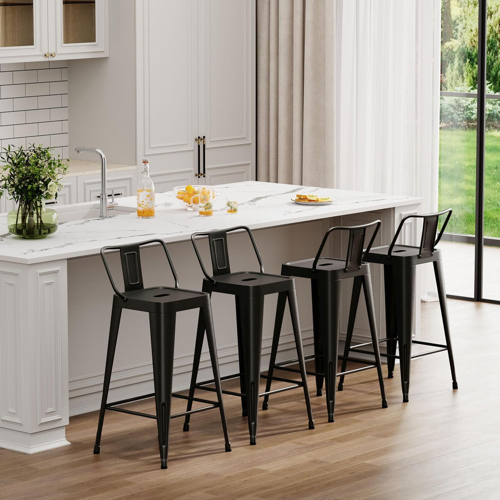 Metal Bar Stools Set of 4 Barstools Indoor/Outdoor Counter Height Bar Stools Bar Chairs with Back 24" Counter Height for Kitchen Island Dining Room (Black, 24inch)