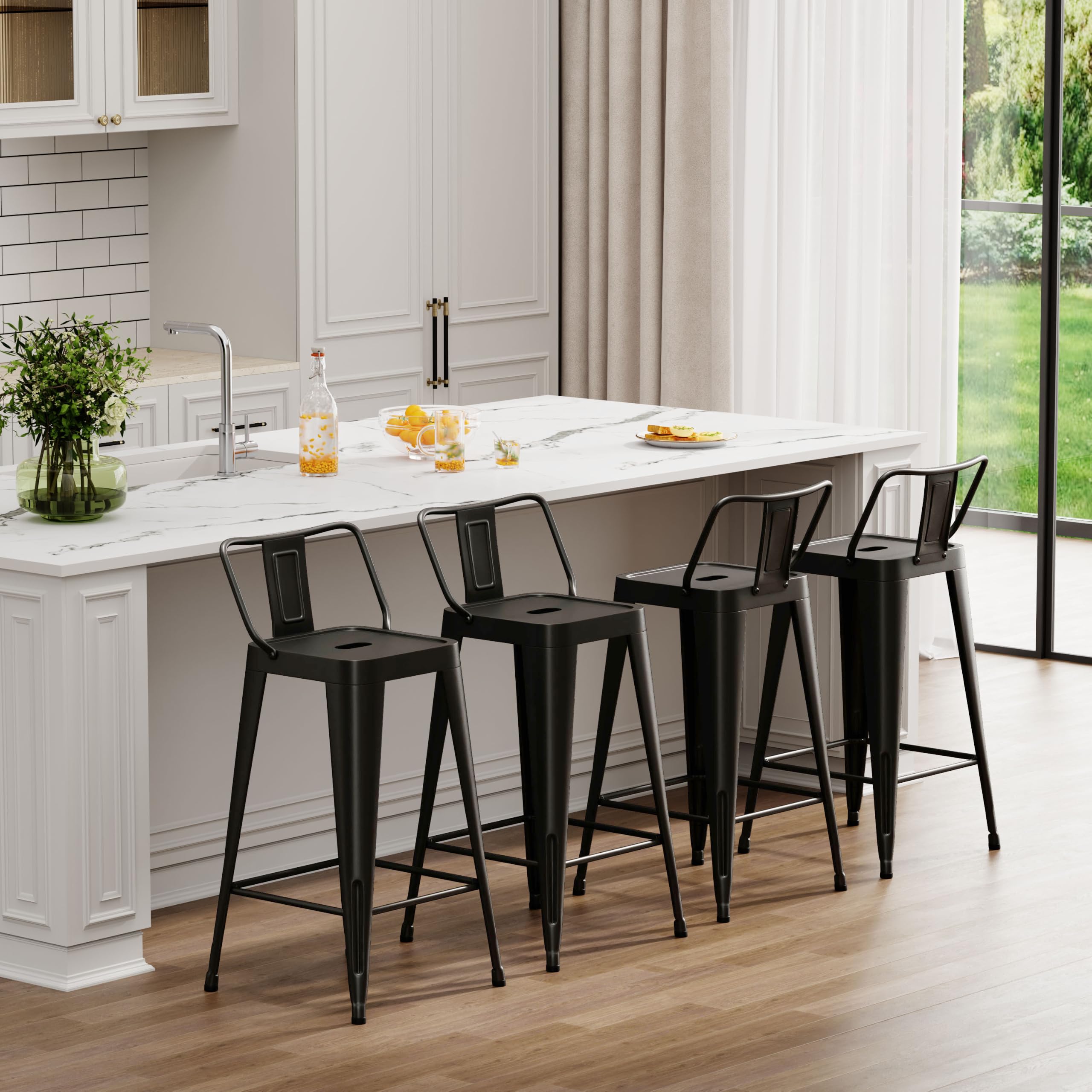 Metal Bar Stools Set of 4 Barstools Indoor/Outdoor Counter Height Bar Stools Bar Chairs with Back 24" Counter Height for Kitchen Island Dining Room (Black, 24inch)