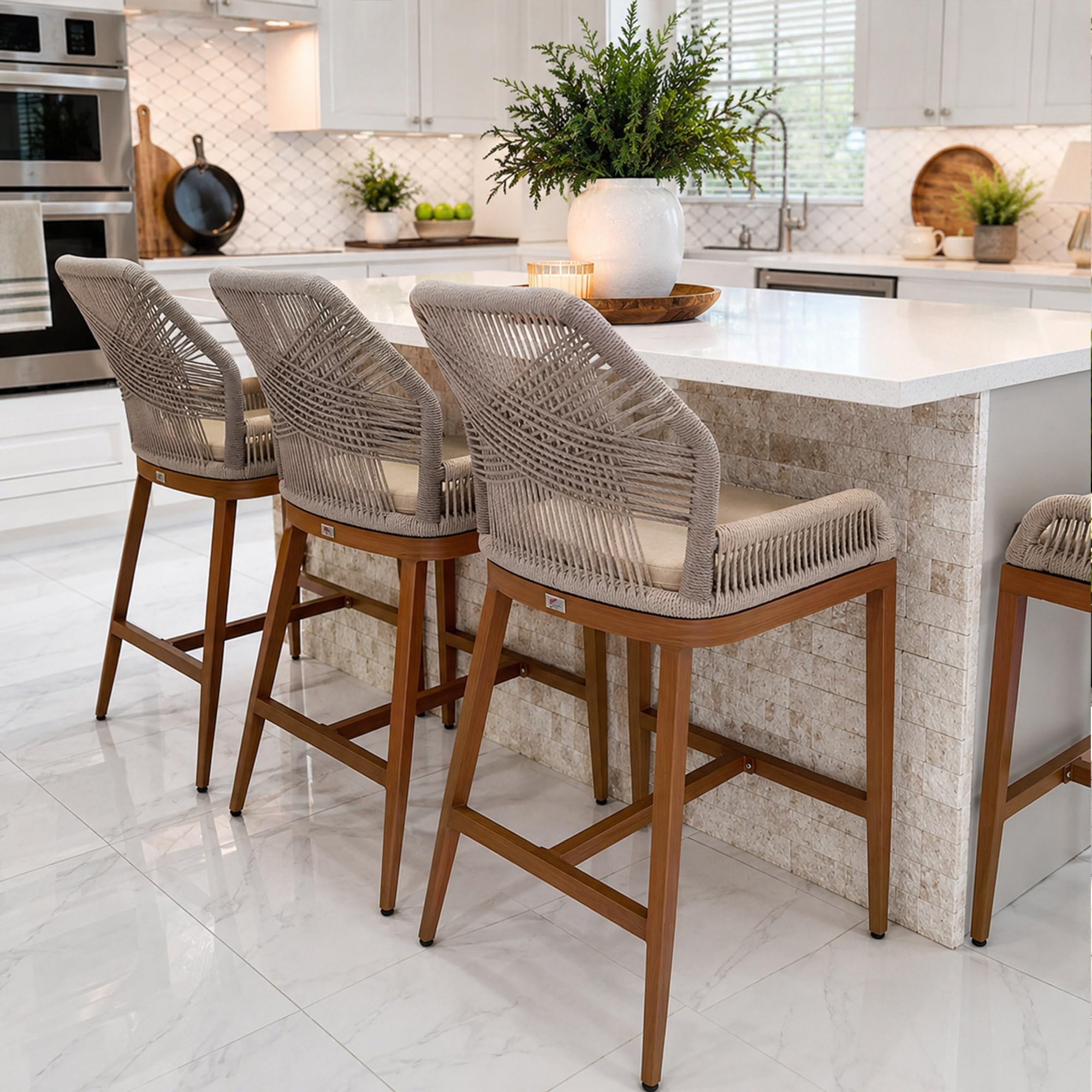 PURPLE LEAF Patio Sunbrella Counter Height Bar Stools 24" H Set of 2 Modern Rattan Bar Chairs Aluminum Stool Outdoor Wicker Barstools with Back and Cushion for Garden Kitchen Island